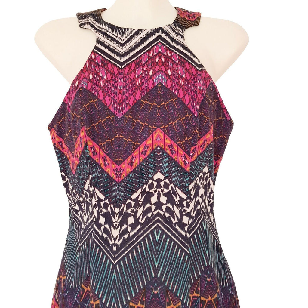 LADAKH M Black Pink Aztec Dress Queen Tribal Zigzag Halter Sheath Party Cocktail
