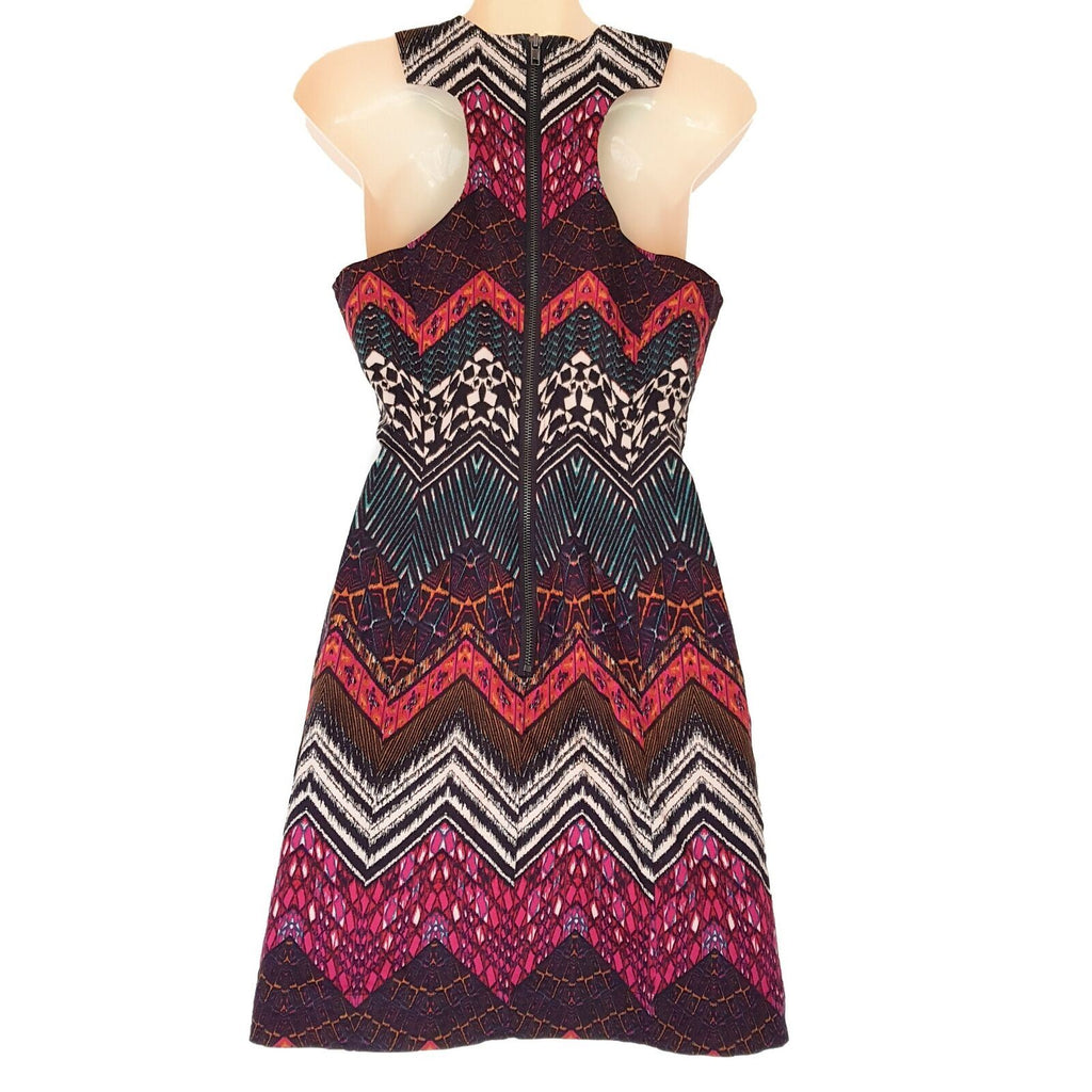 LADAKH M Black Pink Aztec Dress Queen Tribal Zigzag Halter Sheath Party Cocktail