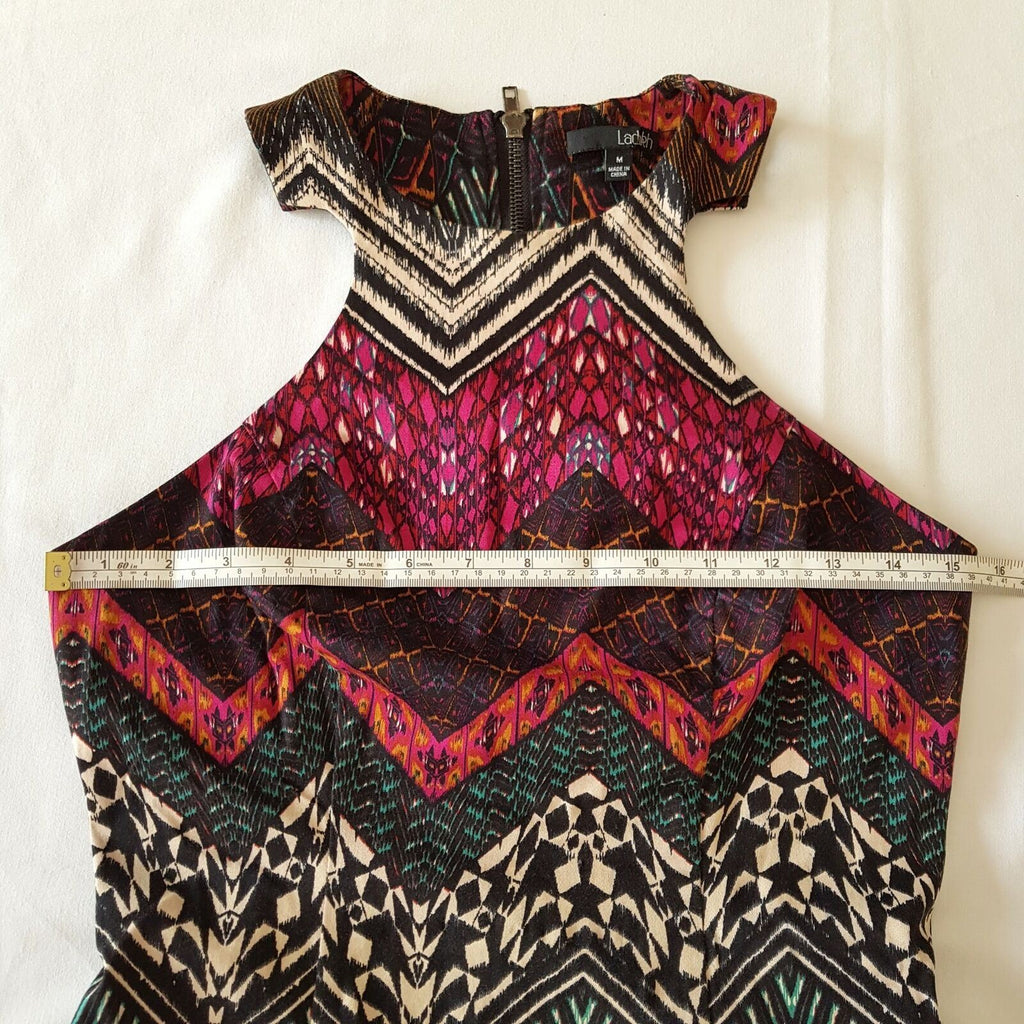 LADAKH M Black Pink Aztec Dress Queen Tribal Zigzag Halter Sheath Party Cocktail