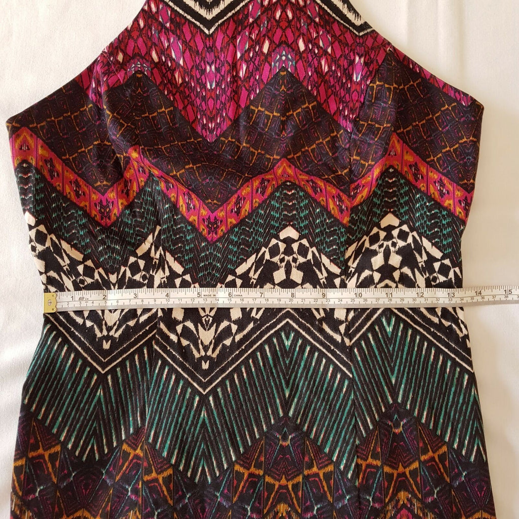 LADAKH M Black Pink Aztec Dress Queen Tribal Zigzag Halter Sheath Party Cocktail