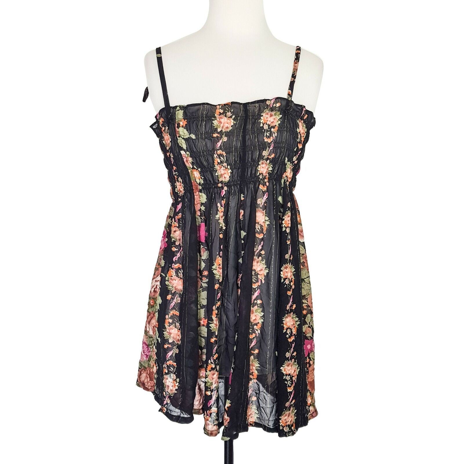 Women's Black Spaghetti Tie Straps Floral Print Fitted Smocked Tank Top One Size