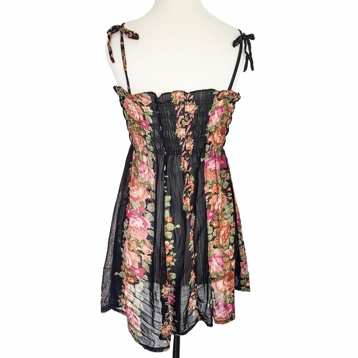 Women's Black Spaghetti Tie Straps Floral Print Fitted Smocked Tank Top One Size