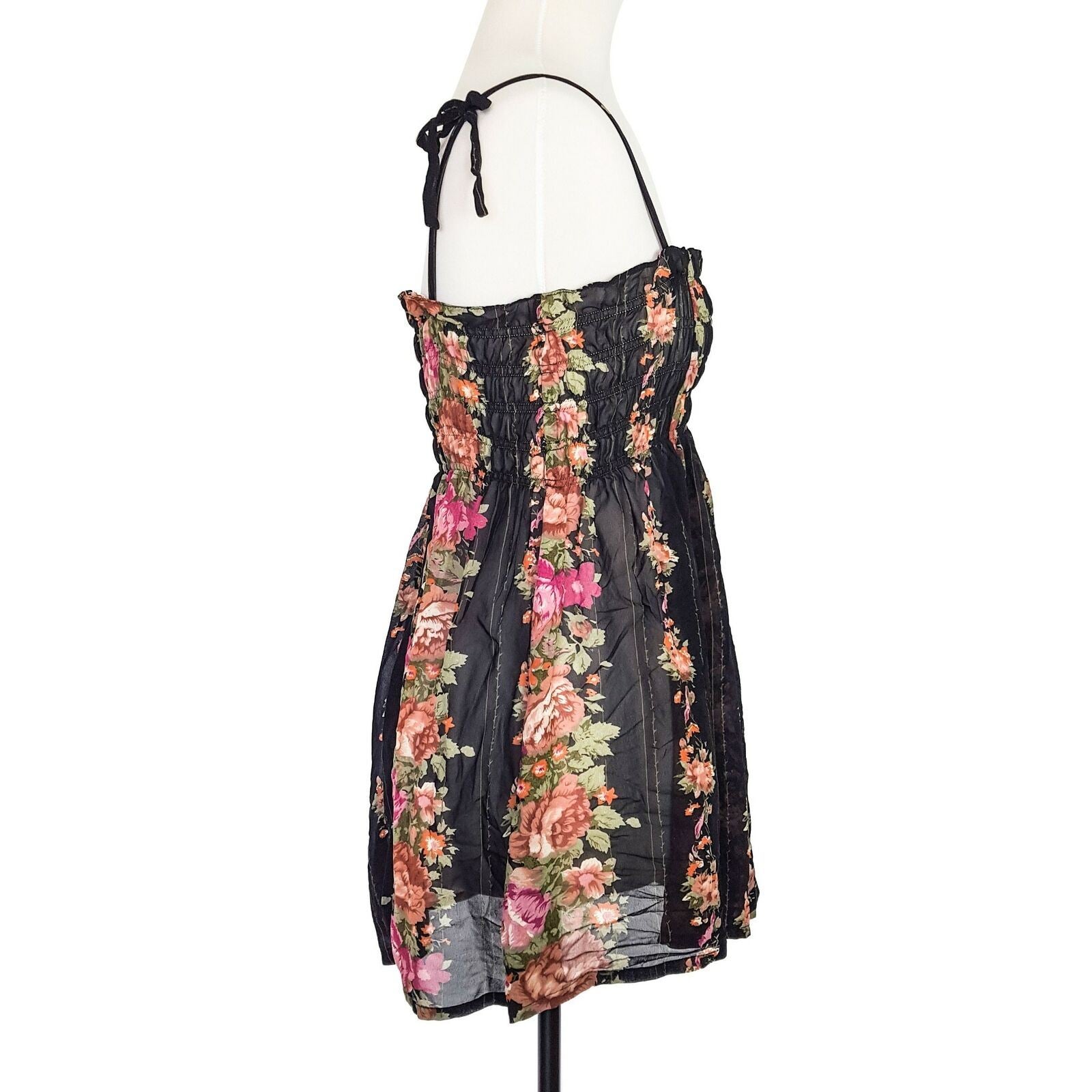 Women's Black Spaghetti Tie Straps Floral Print Fitted Smocked Tank Top One Size