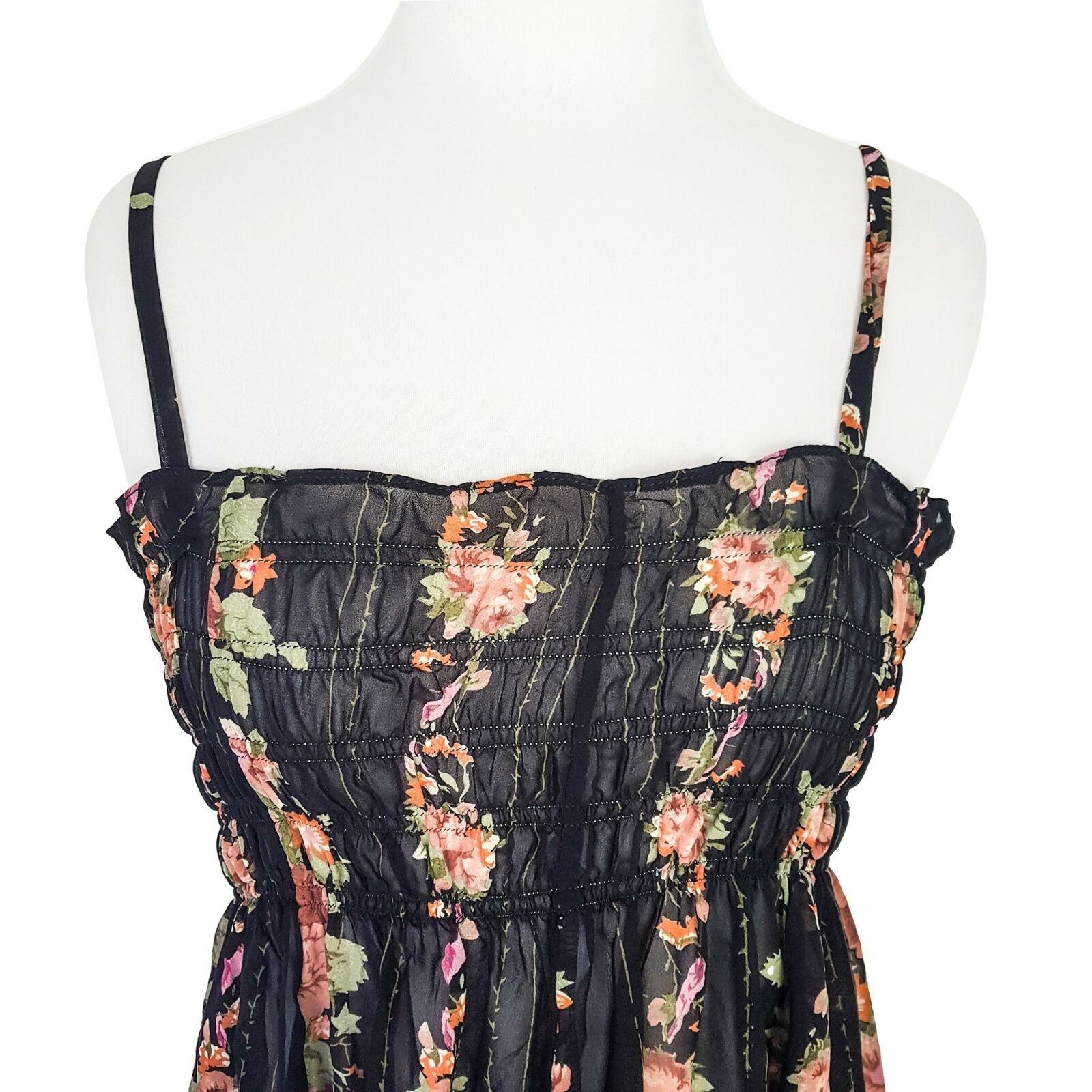 Women's Black Spaghetti Tie Straps Floral Print Fitted Smocked Tank Top One Size