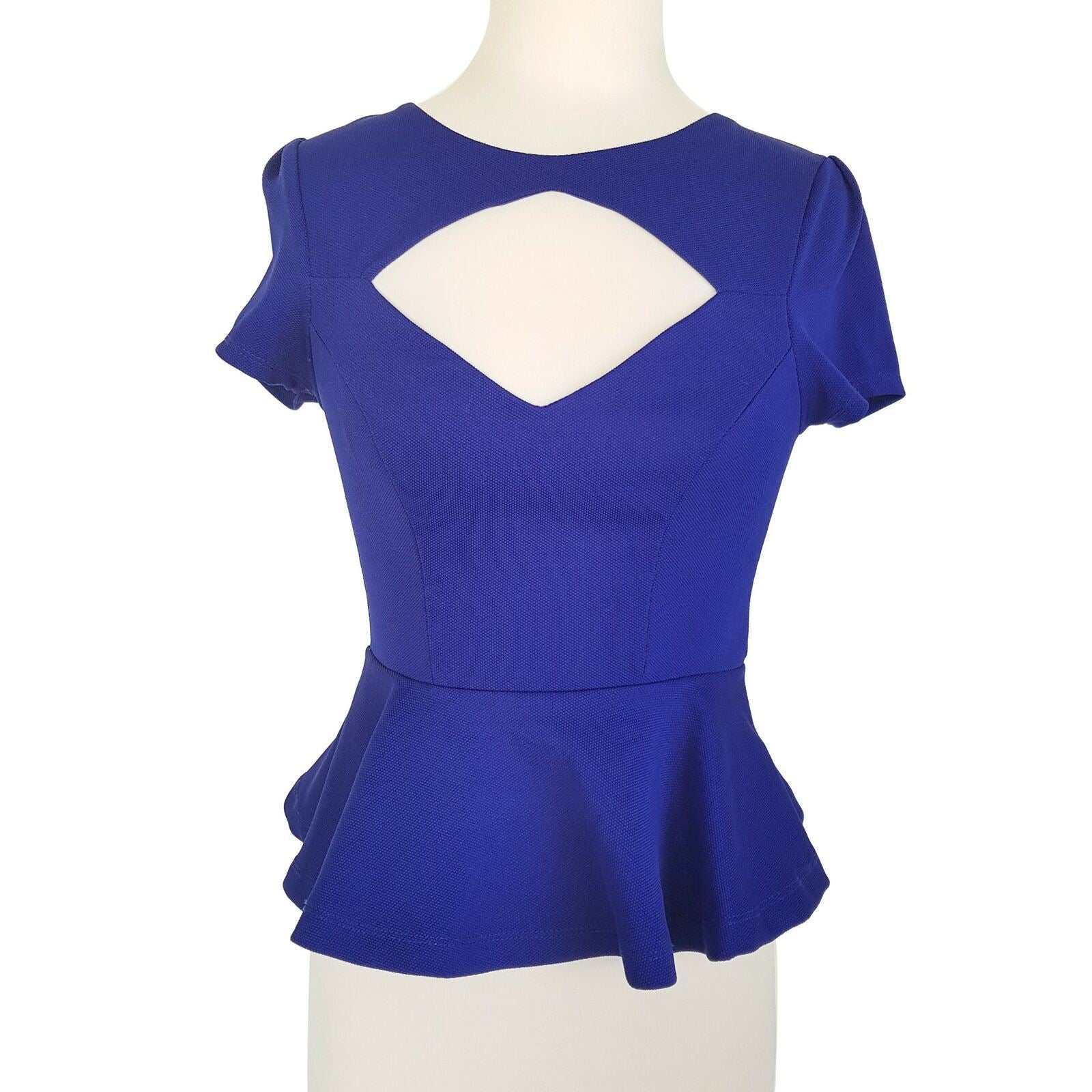 Blossom Peplum Short Sleeve Top Keyhole Chest Blouse Blue Work Office Business