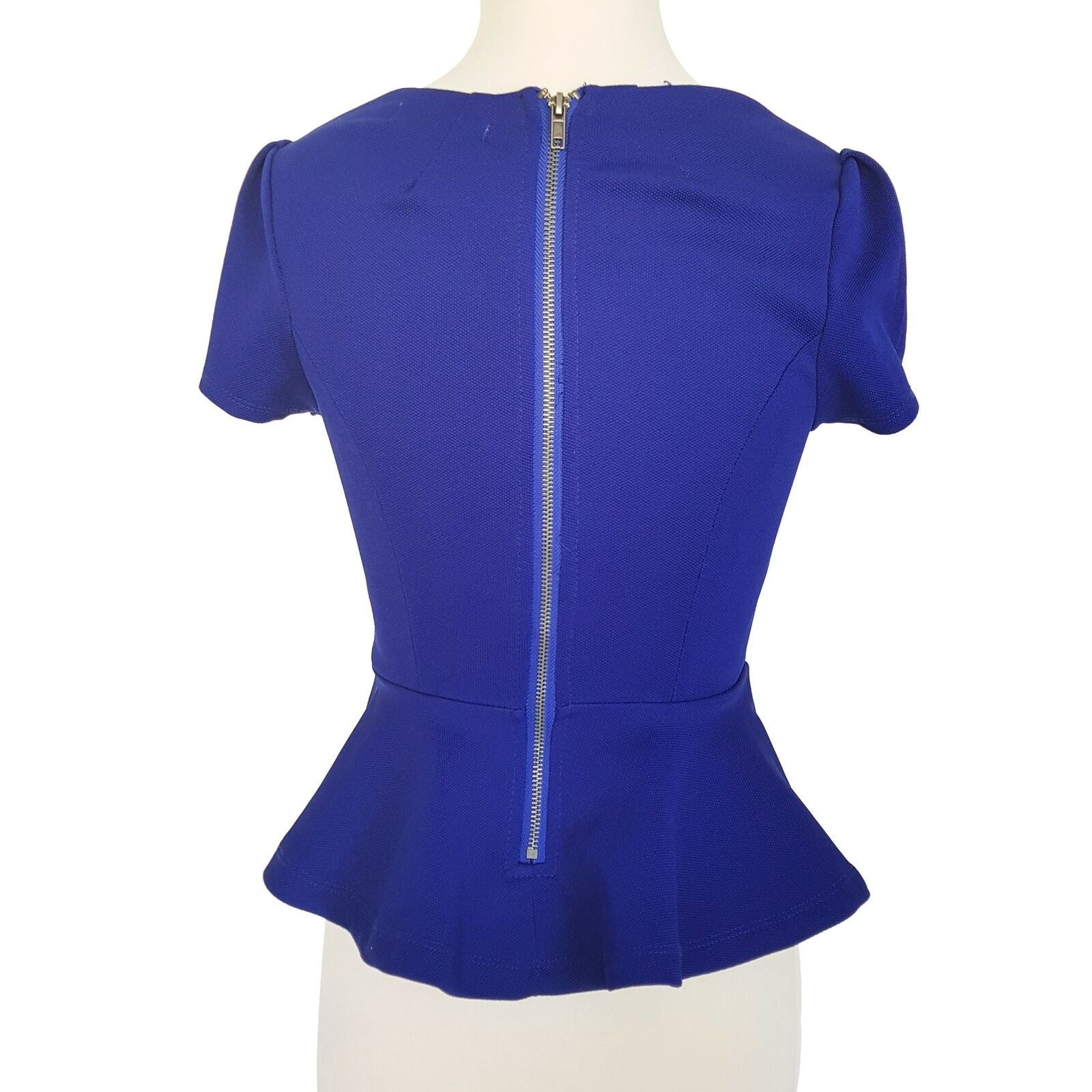 Blossom Peplum Short Sleeve Top Keyhole Chest Blouse Blue Work Office Business