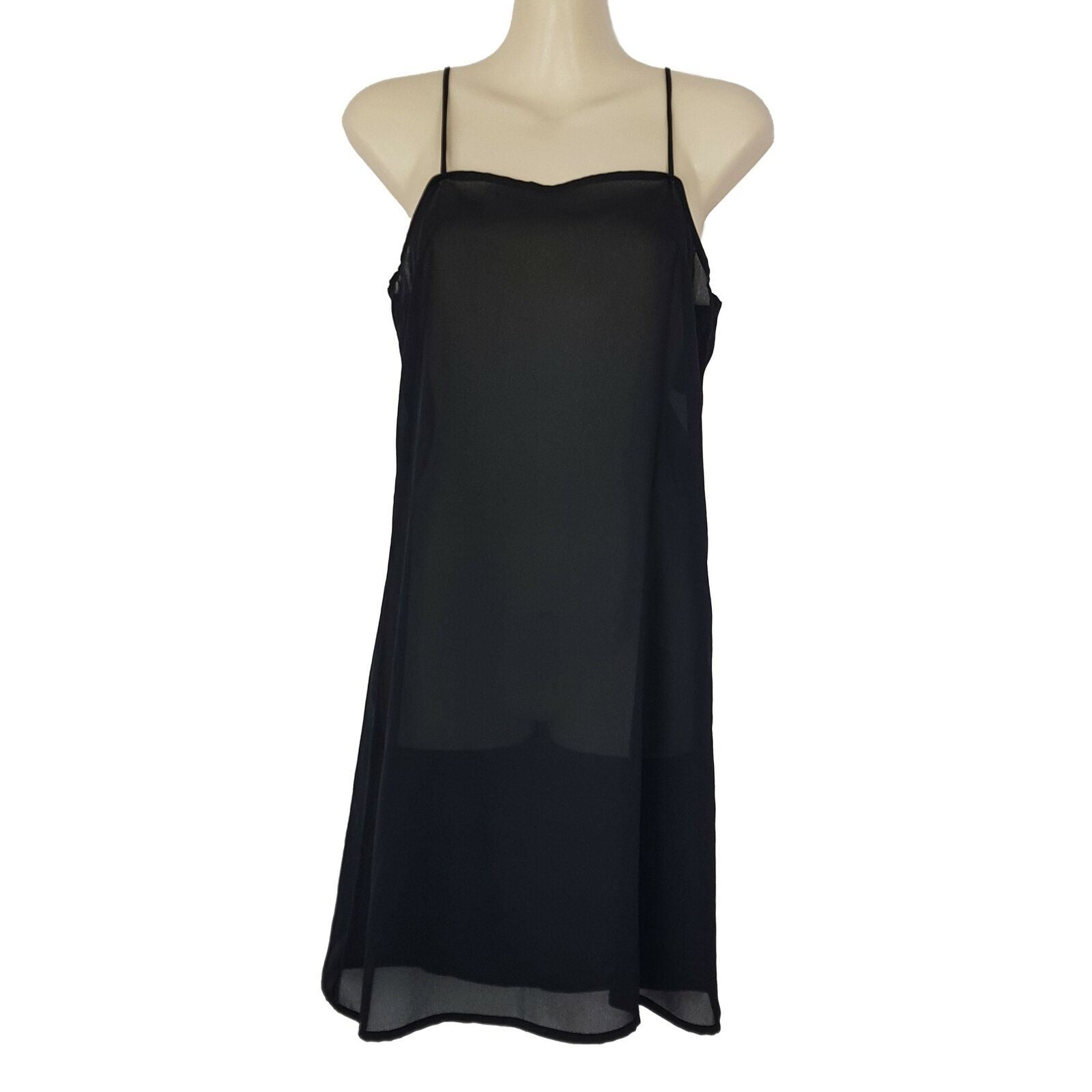 CUE Black Tank Slip Dress Spaghetti Strap Sheer Knee Length Lightweight Camisole