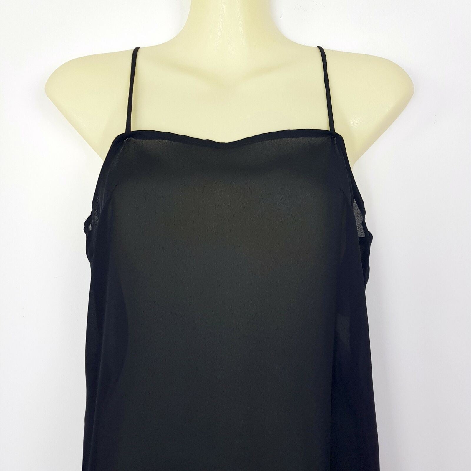 CUE Black Tank Slip Dress Spaghetti Strap Sheer Knee Length Lightweight Camisole