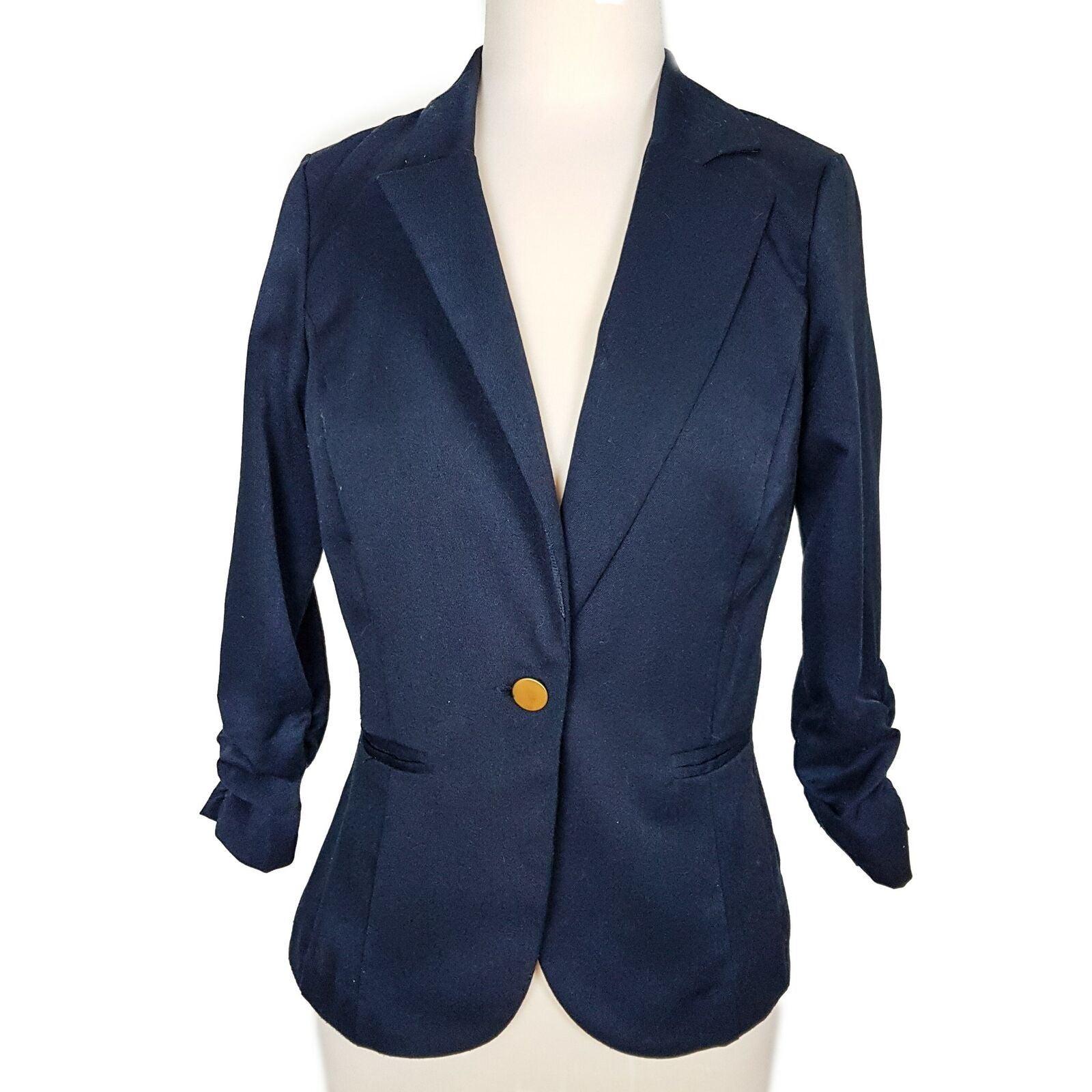 CHARLOTTE RUSSE Formal Navy Blue Ruched 3/4 Sleeve Women's Button Blazer Jacket