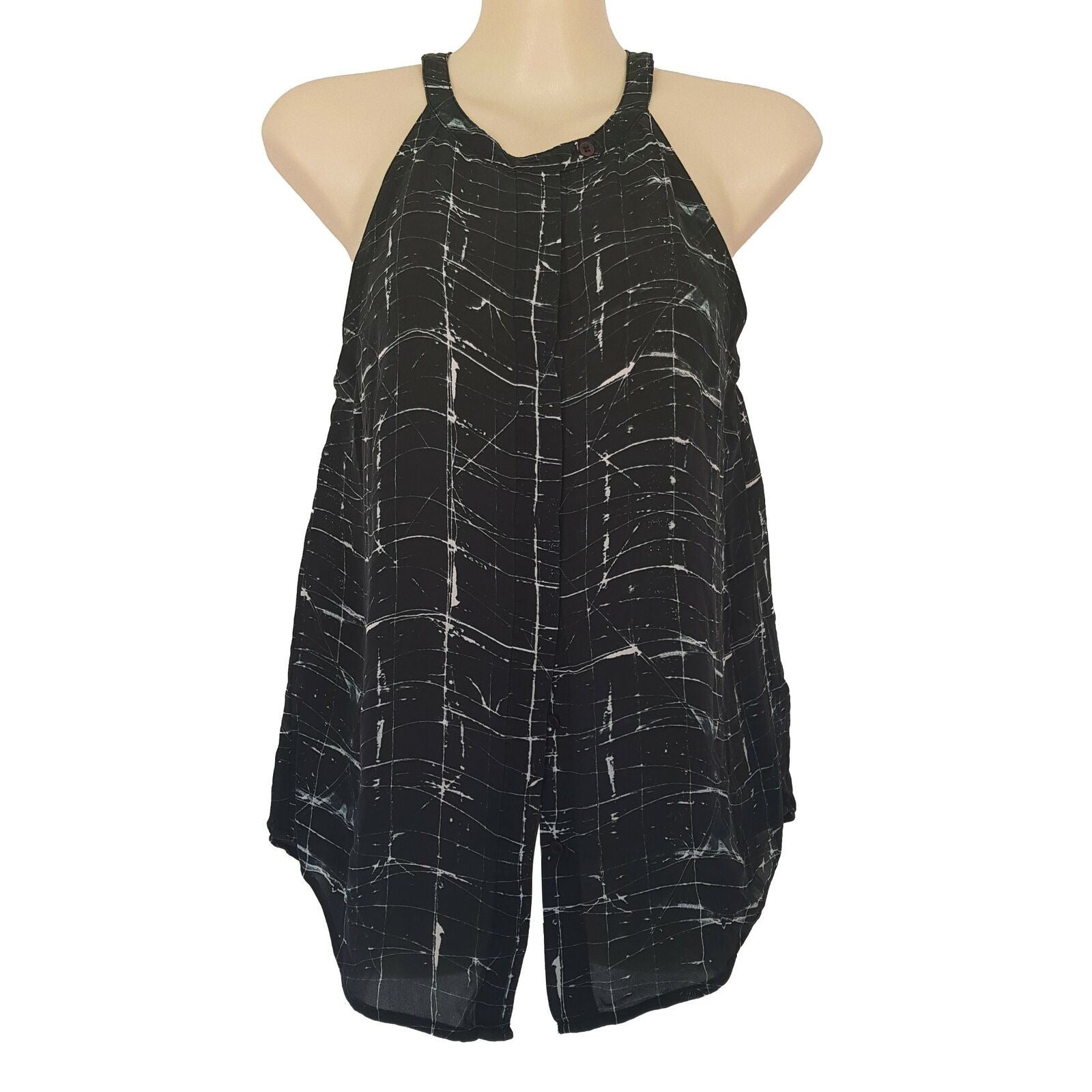 SABA Halter Neck Top Tunic Sleeveless Slit Soft Silk Geometric Blouse Casual