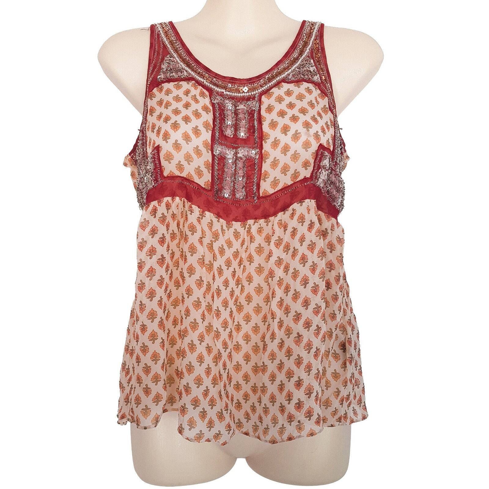 Sportsgirl Floral Sequins Beaded Top Sleeveless A-Line Blouse Round Neck Silk