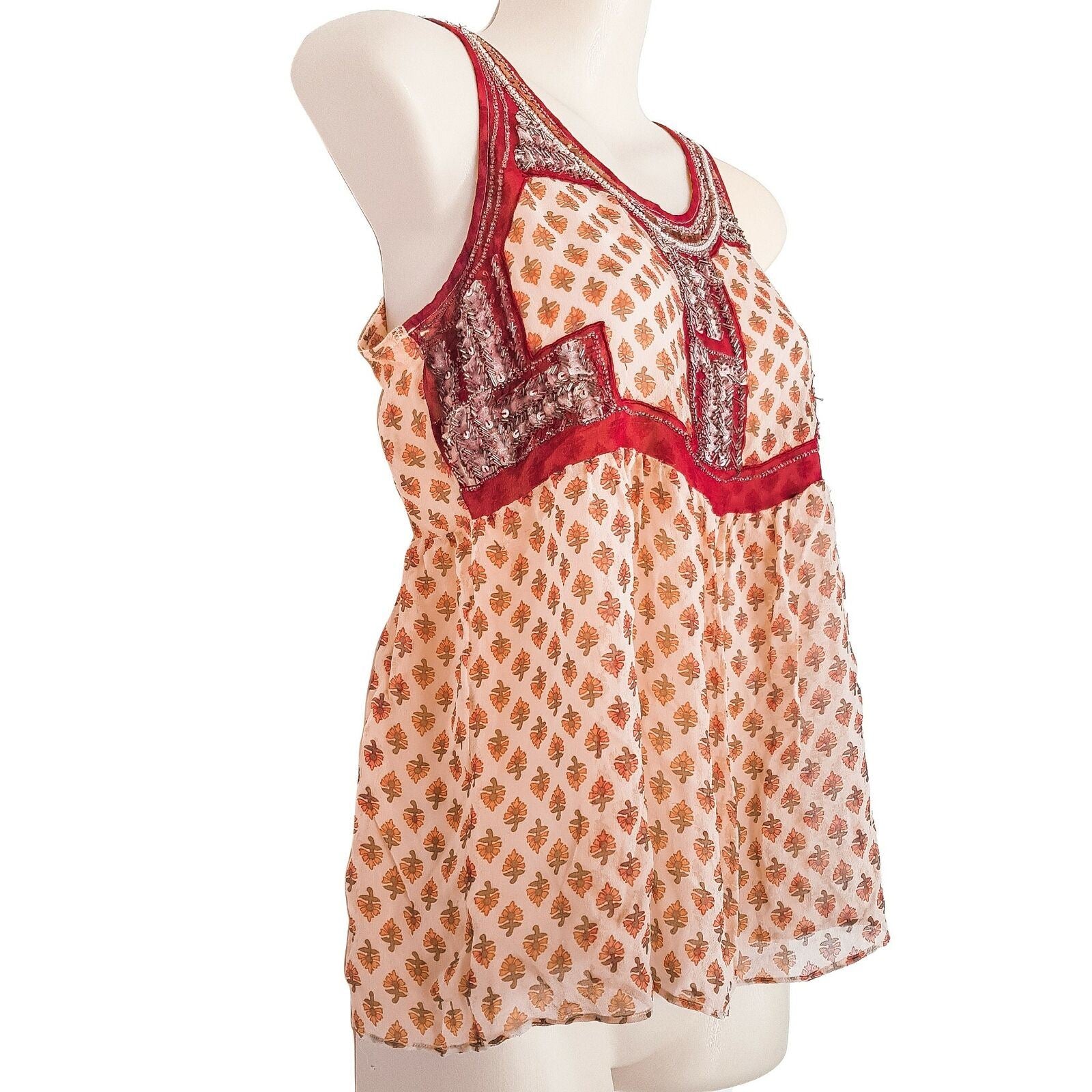 Sportsgirl Floral Sequins Beaded Top Sleeveless A-Line Blouse Round Neck Silk