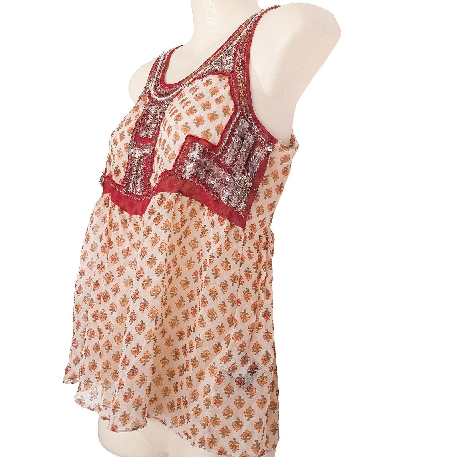 Sportsgirl Floral Sequins Beaded Top Sleeveless A-Line Blouse Round Neck Silk