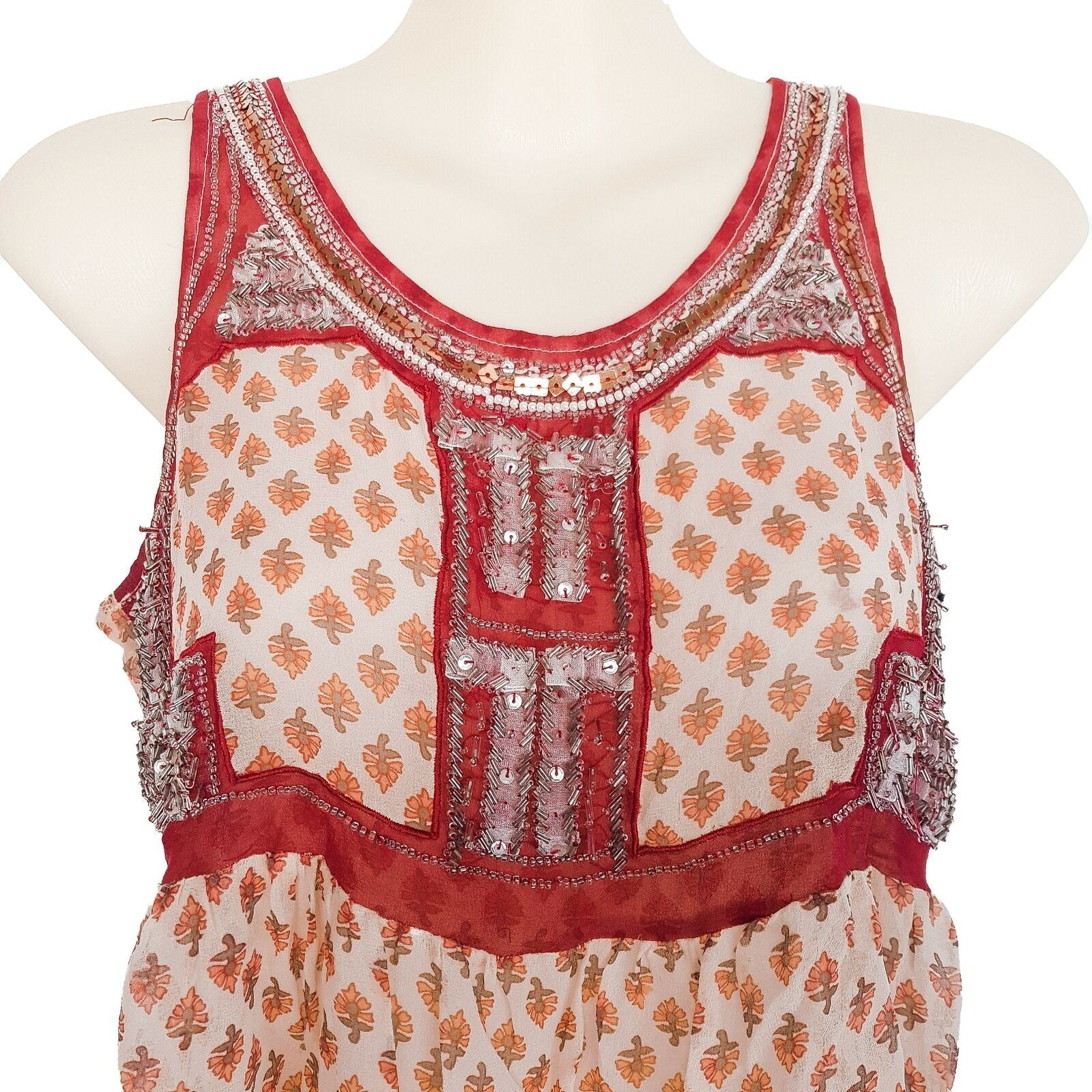 Sportsgirl Floral Sequins Beaded Top Sleeveless A-Line Blouse Round Neck Silk