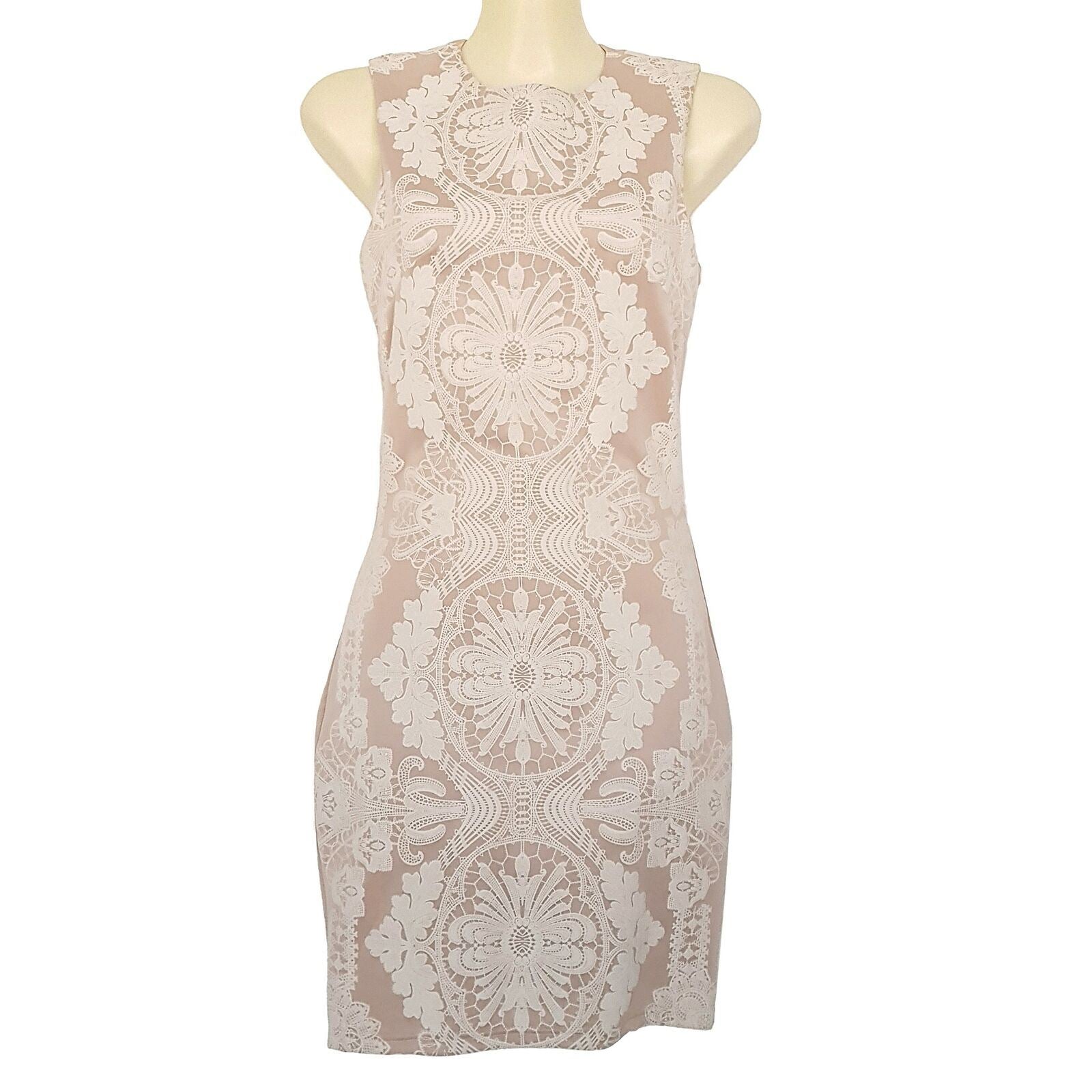 ICE Pink White Lace Design Floral Textured Sleeveless Women's Sexy Bodycon Dress