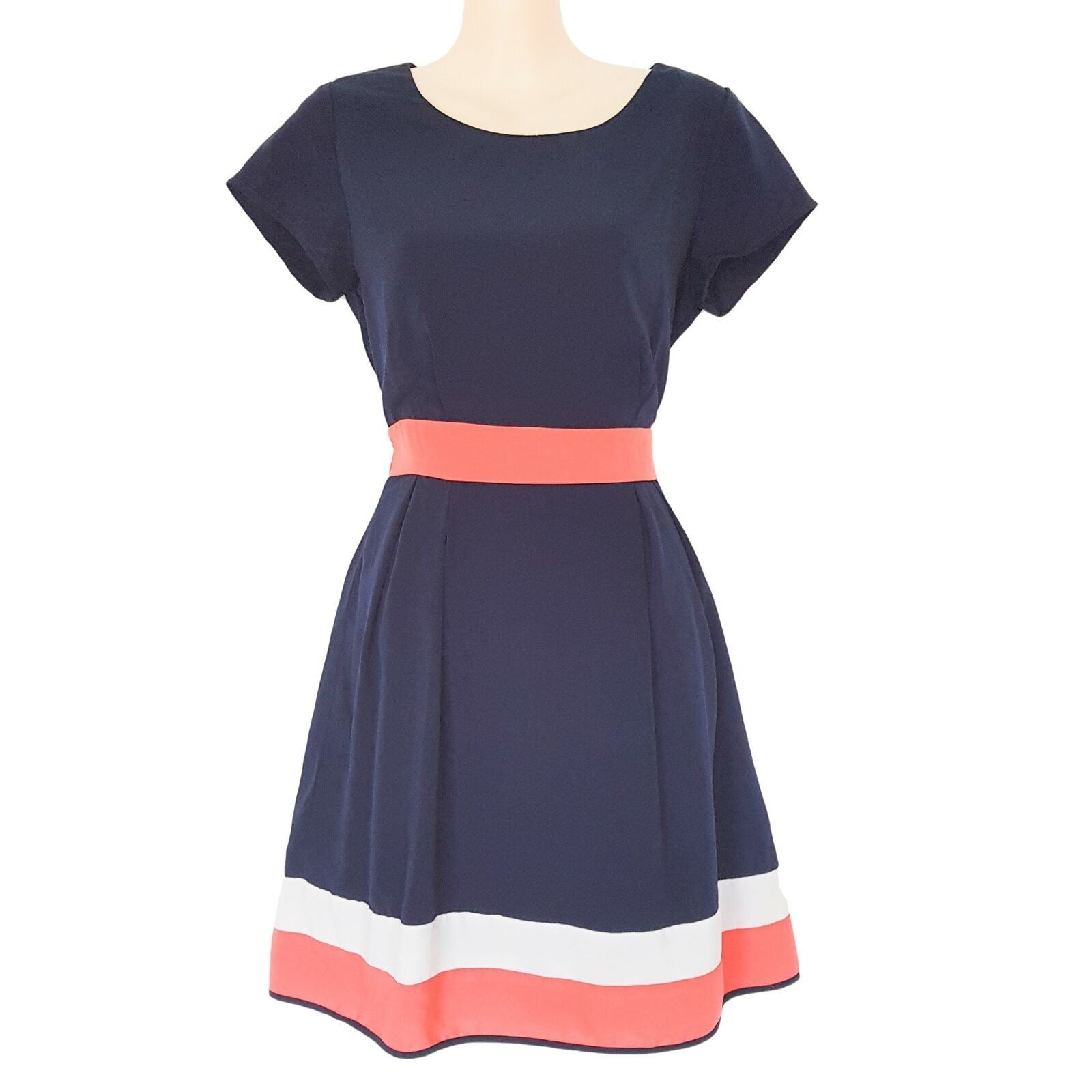 PORTMANS Navy Blue Pink A-Line Dress Business Corporate Wear Short Sleeves Belt