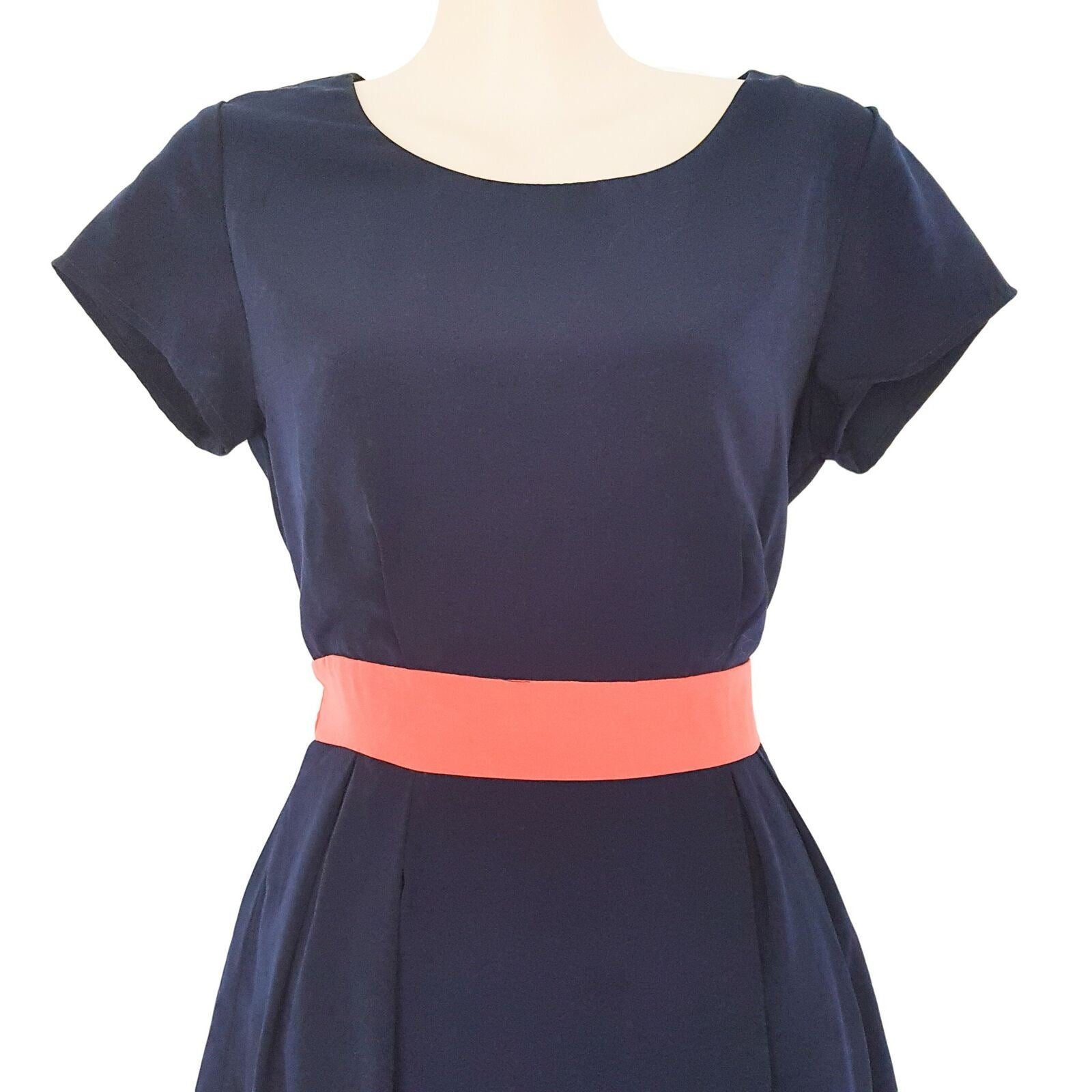 PORTMANS Navy Blue Pink A-Line Dress Business Corporate Wear Short Sleeves Belt