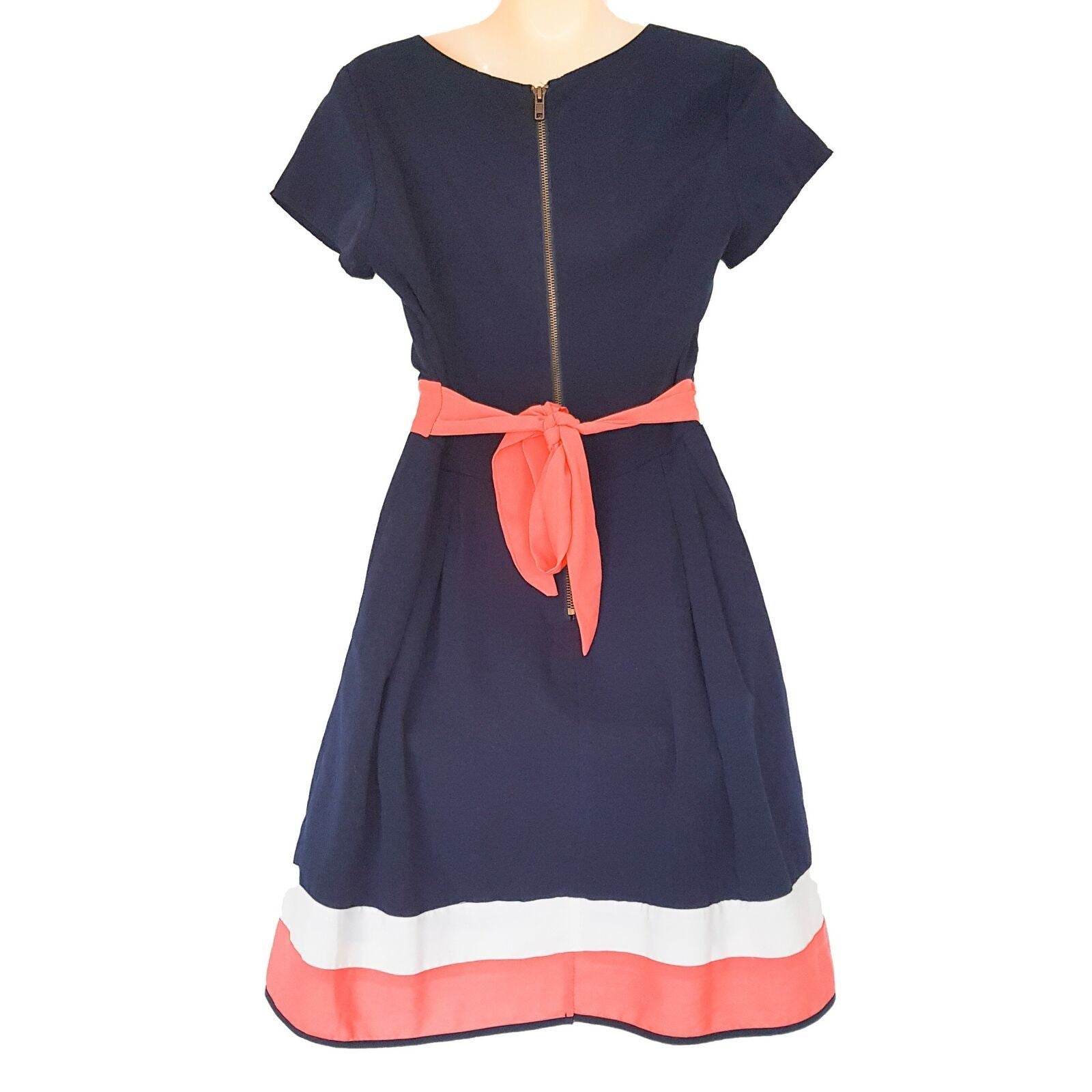 PORTMANS Navy Blue Pink A-Line Dress Business Corporate Wear Short Sleeves Belt