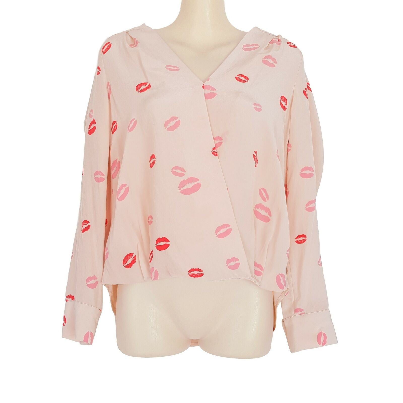 Country Road Long Sleeve Top V-Neck Pink Nude Salmon Lips Blouse XXS 100% Silk
