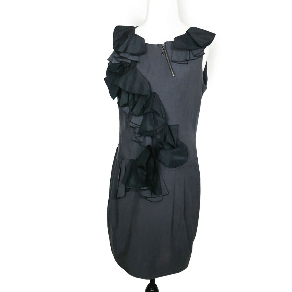 CUE Black Dress 10 Designer Party Cocktail Sleeveless Formal Ruffled Glam LBD