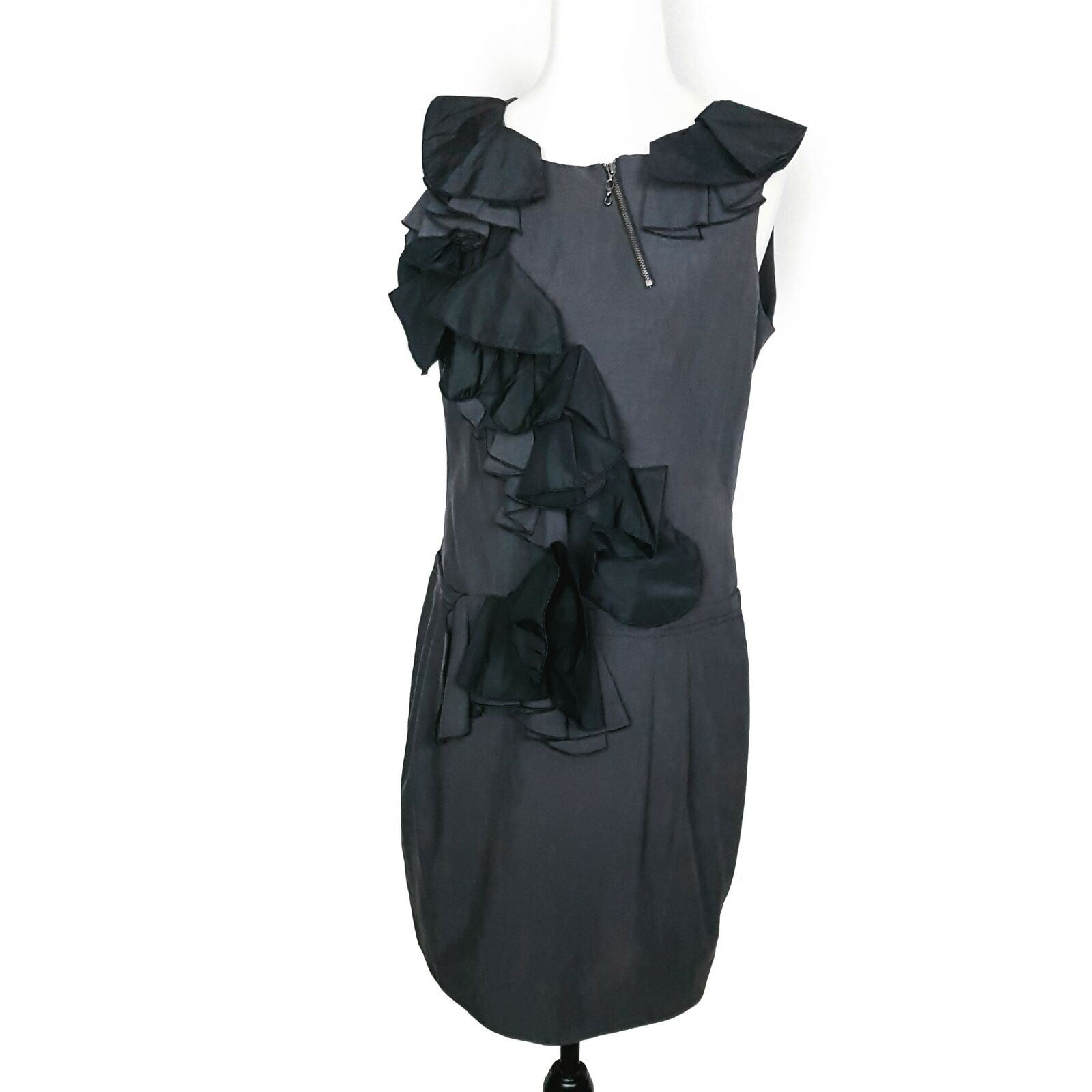 CUE Black Dress 10 Designer Party Cocktail Sleeveless Formal Ruffled Glam LBD