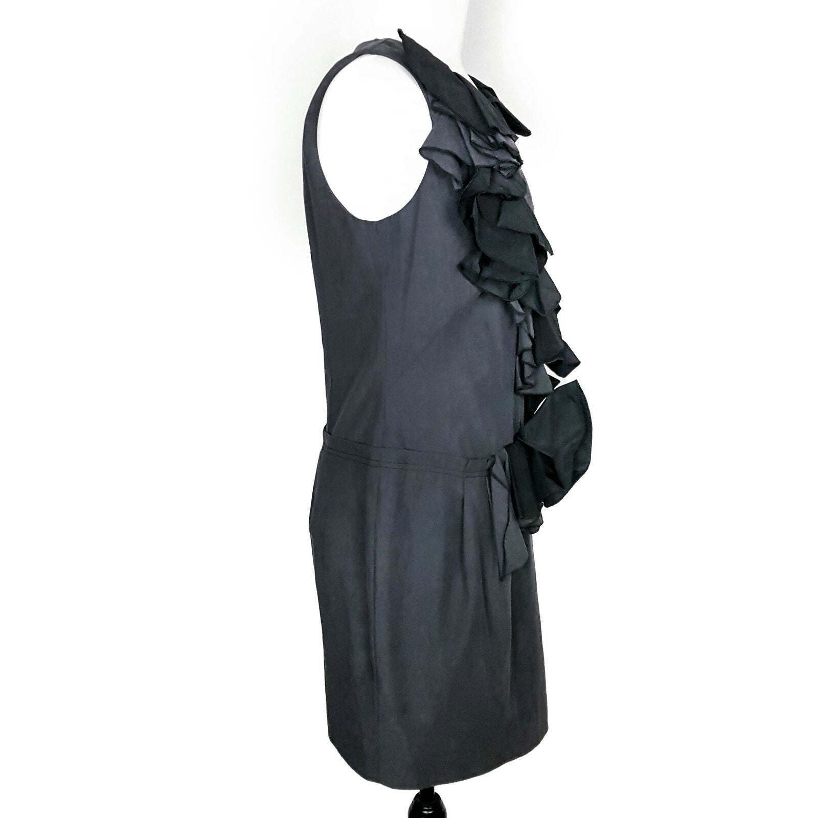 CUE Black Dress 10 Designer Party Cocktail Sleeveless Formal Ruffled Glam LBD