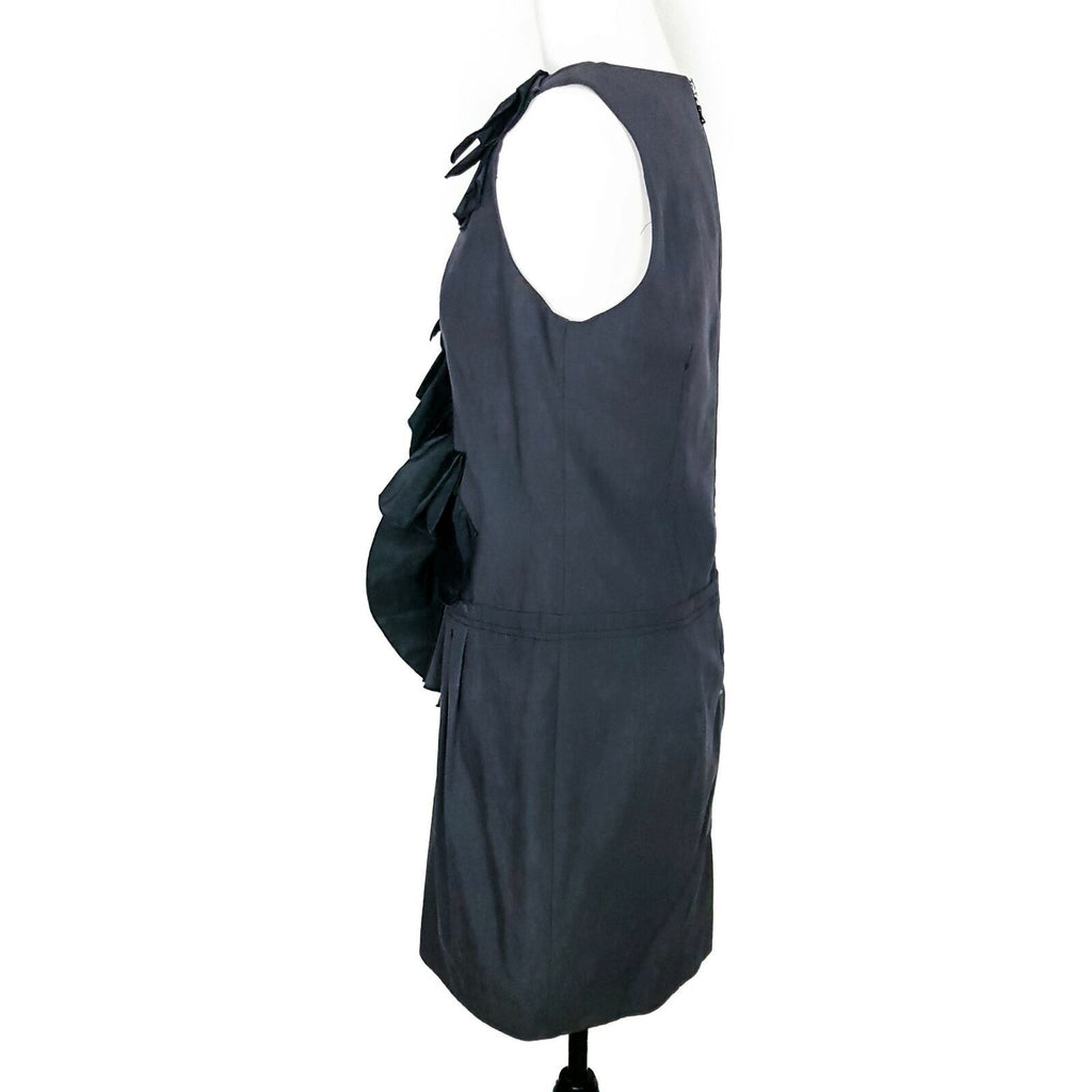 CUE Black Dress 10 Designer Party Cocktail Sleeveless Formal Ruffled Glam LBD