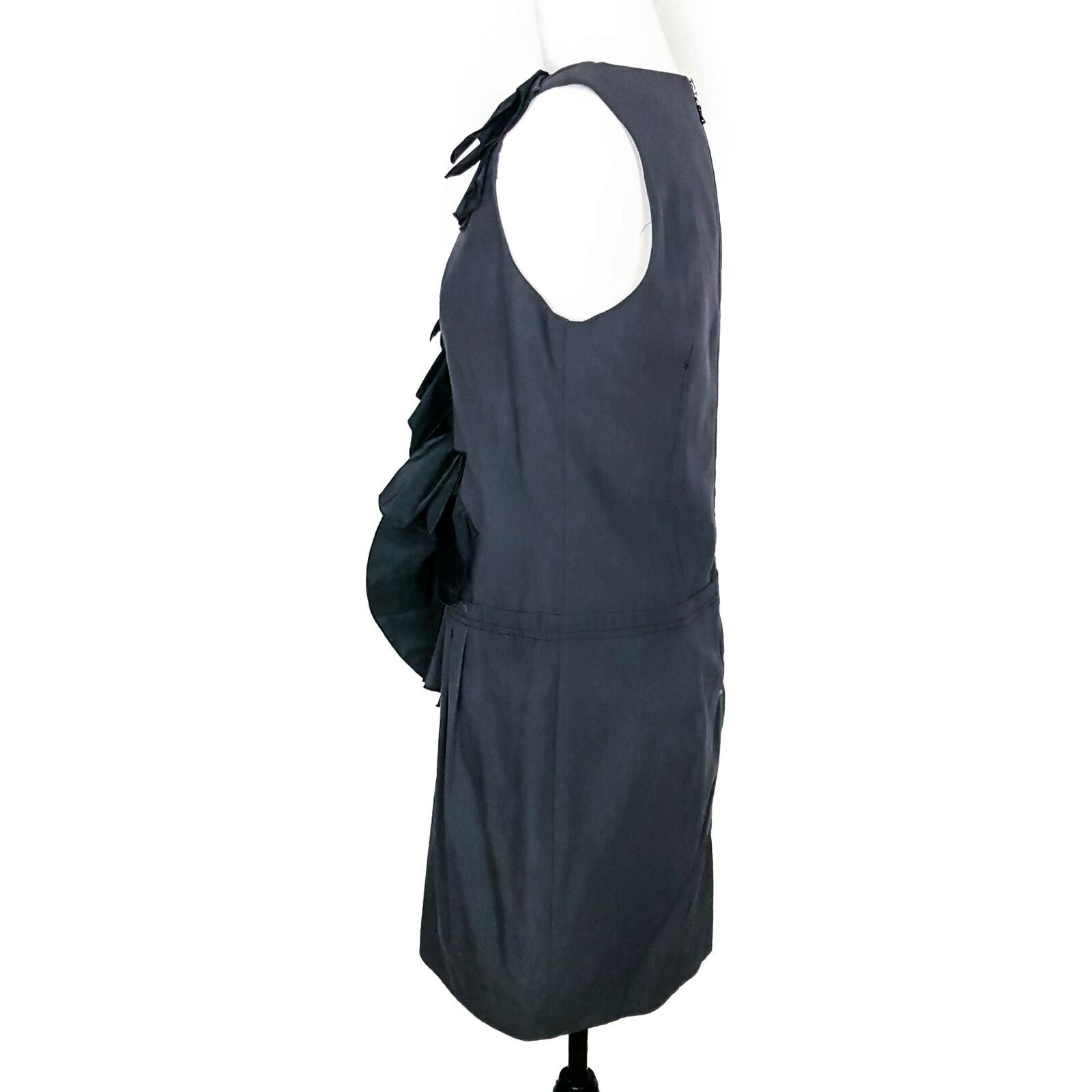 CUE Black Dress 10 Designer Party Cocktail Sleeveless Formal Ruffled Glam LBD