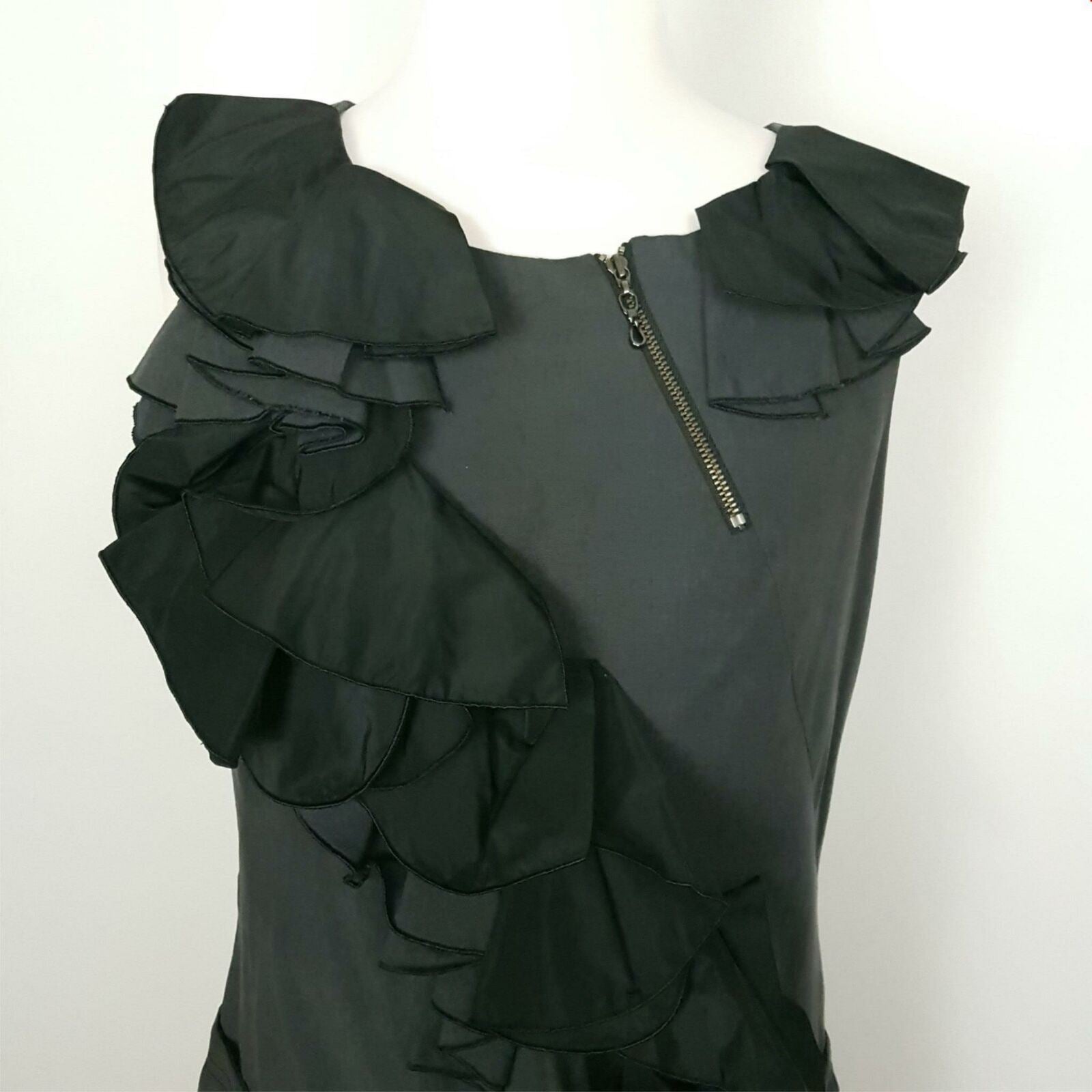 CUE Black Dress 10 Designer Party Cocktail Sleeveless Formal Ruffled Glam LBD