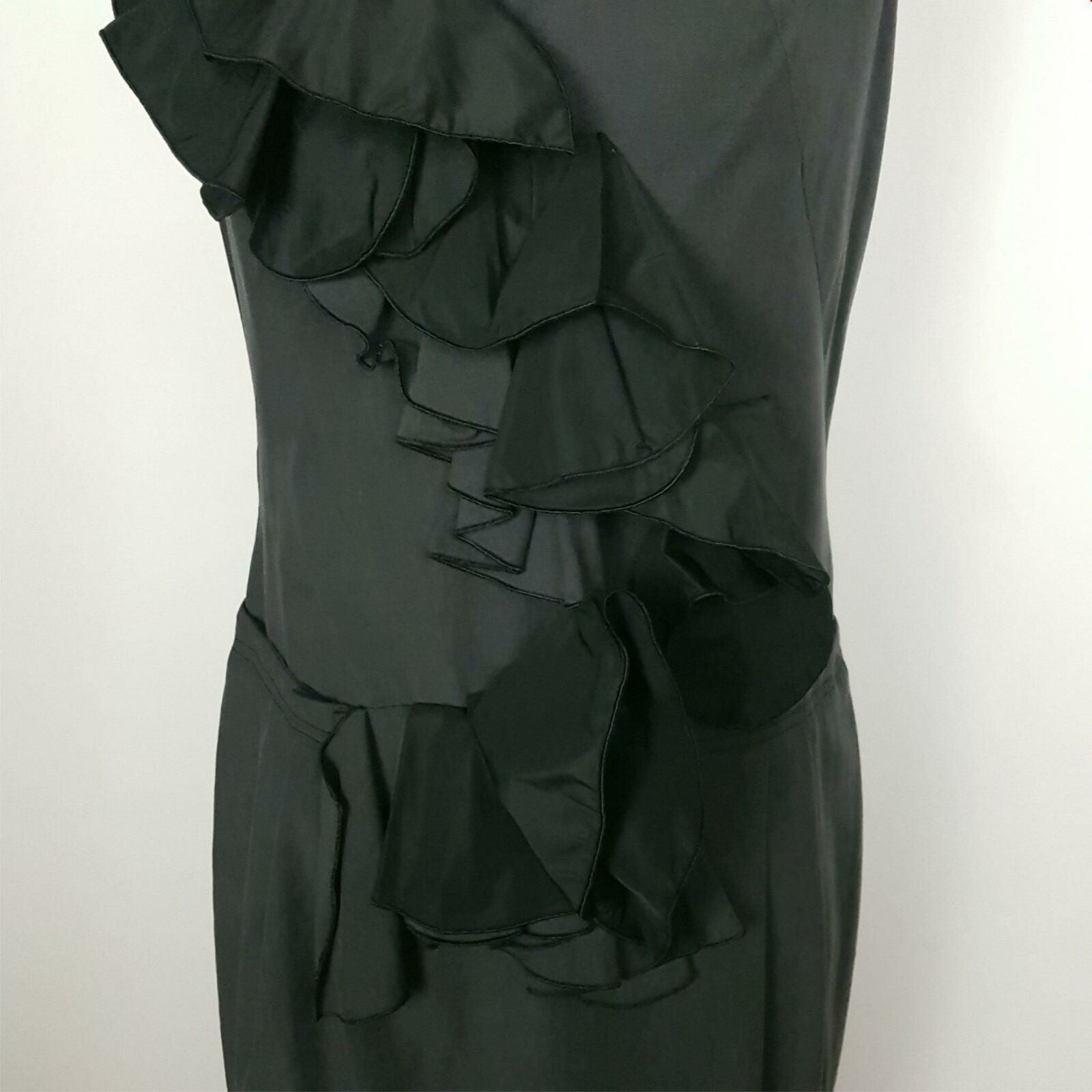 CUE Black Dress 10 Designer Party Cocktail Sleeveless Formal Ruffled Glam LBD