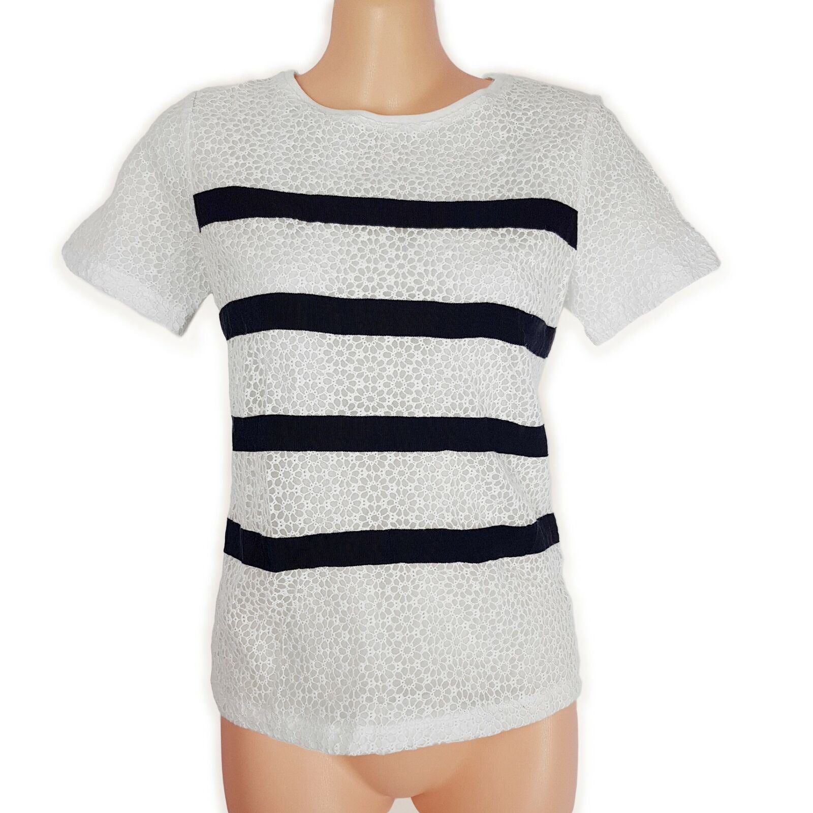 Marcs Tee Short Sleeve Striped Pullover Black White Round Neck Floral Crochet