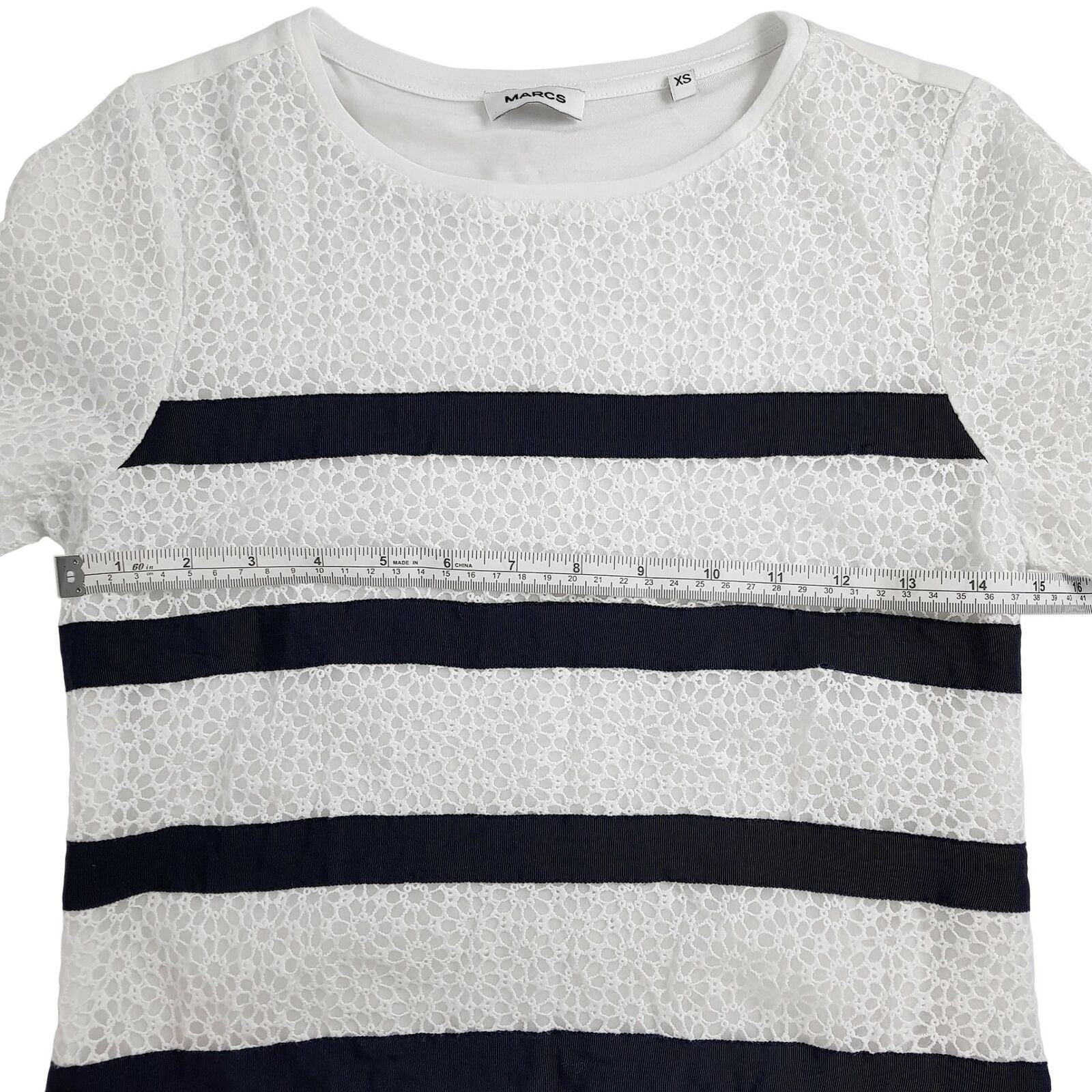 Marcs Tee Short Sleeve Striped Pullover Black White Round Neck Floral Crochet