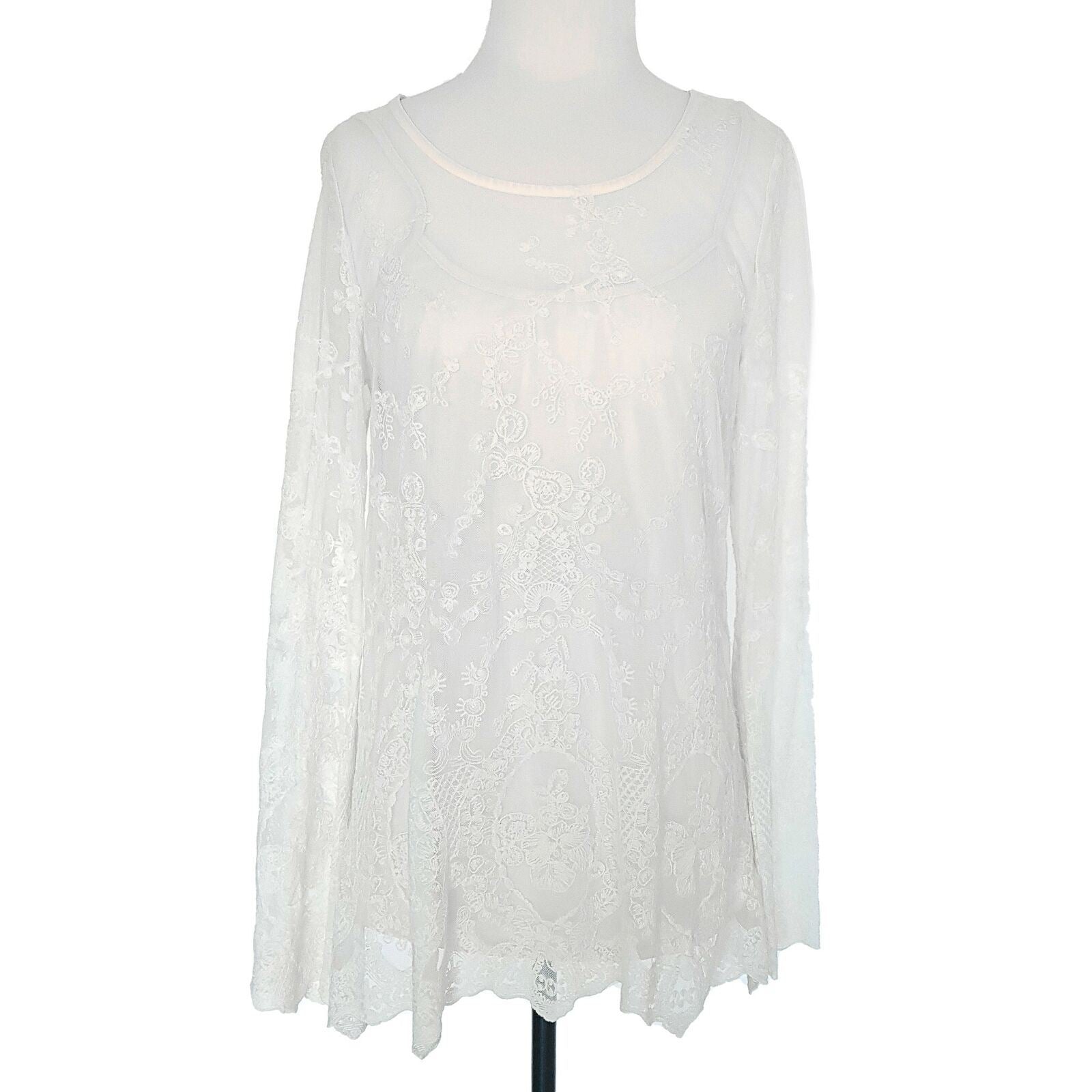 BLU PEPPER Women's White Lace Mesh Long Sleeved Beach Summer Sexy Petite Dress