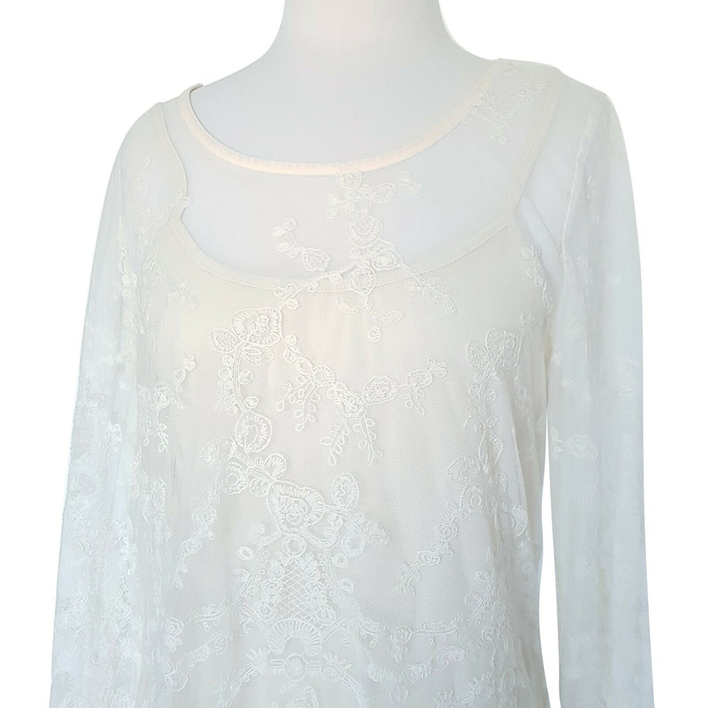 BLU PEPPER Women's White Lace Mesh Long Sleeved Beach Summer Sexy Petite Dress