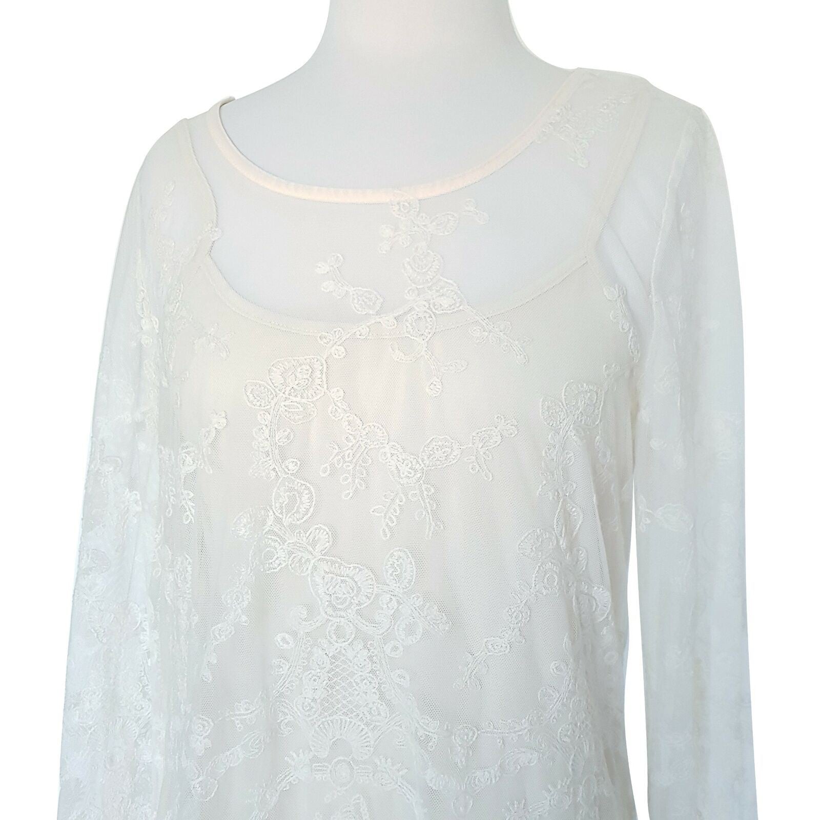 BLU PEPPER Women's White Lace Mesh Long Sleeved Beach Summer Sexy Petite Dress