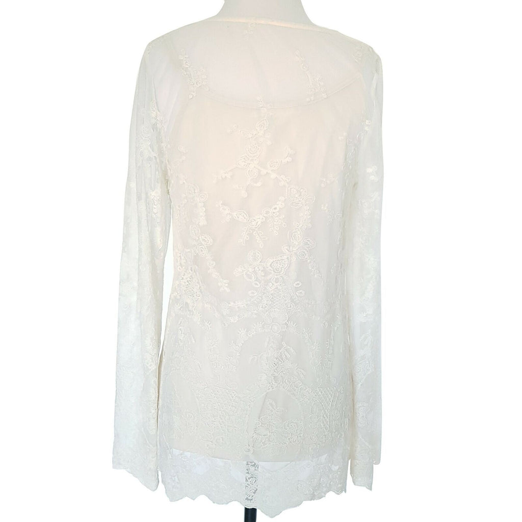 BLU PEPPER Women's White Lace Mesh Long Sleeved Beach Summer Sexy Petite Dress