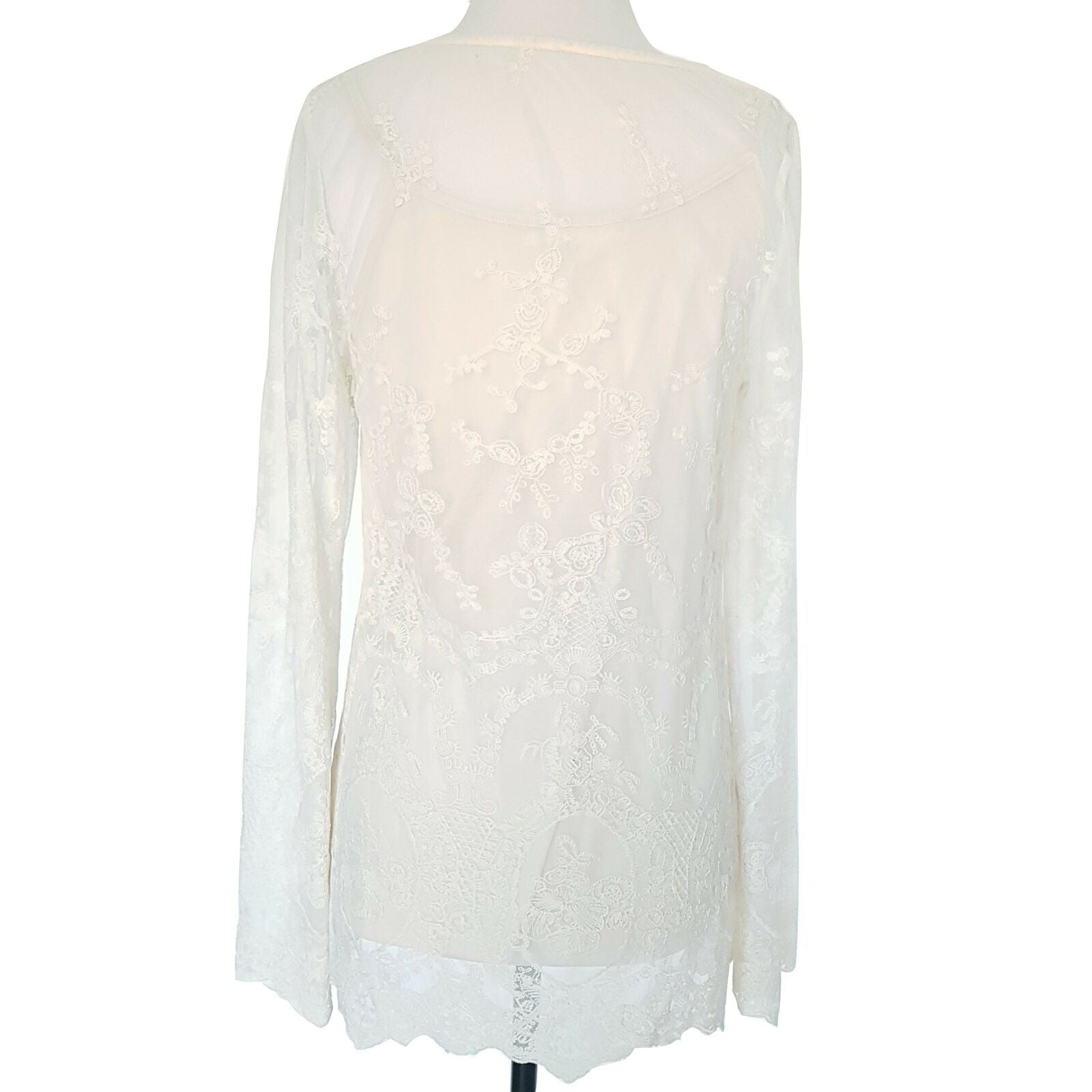 BLU PEPPER Women's White Lace Mesh Long Sleeved Beach Summer Sexy Petite Dress