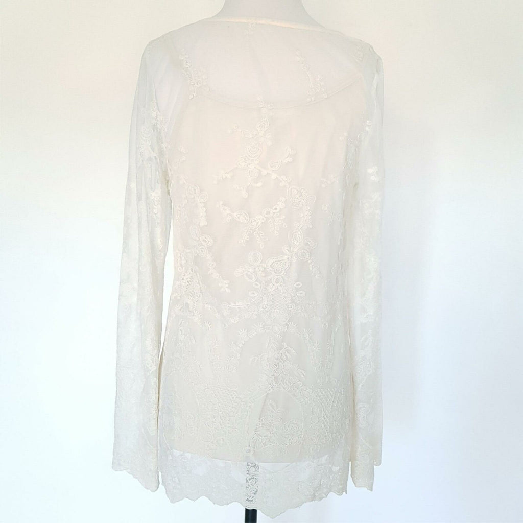 BLU PEPPER Women's White Lace Mesh Long Sleeved Beach Summer Sexy Petite Dress