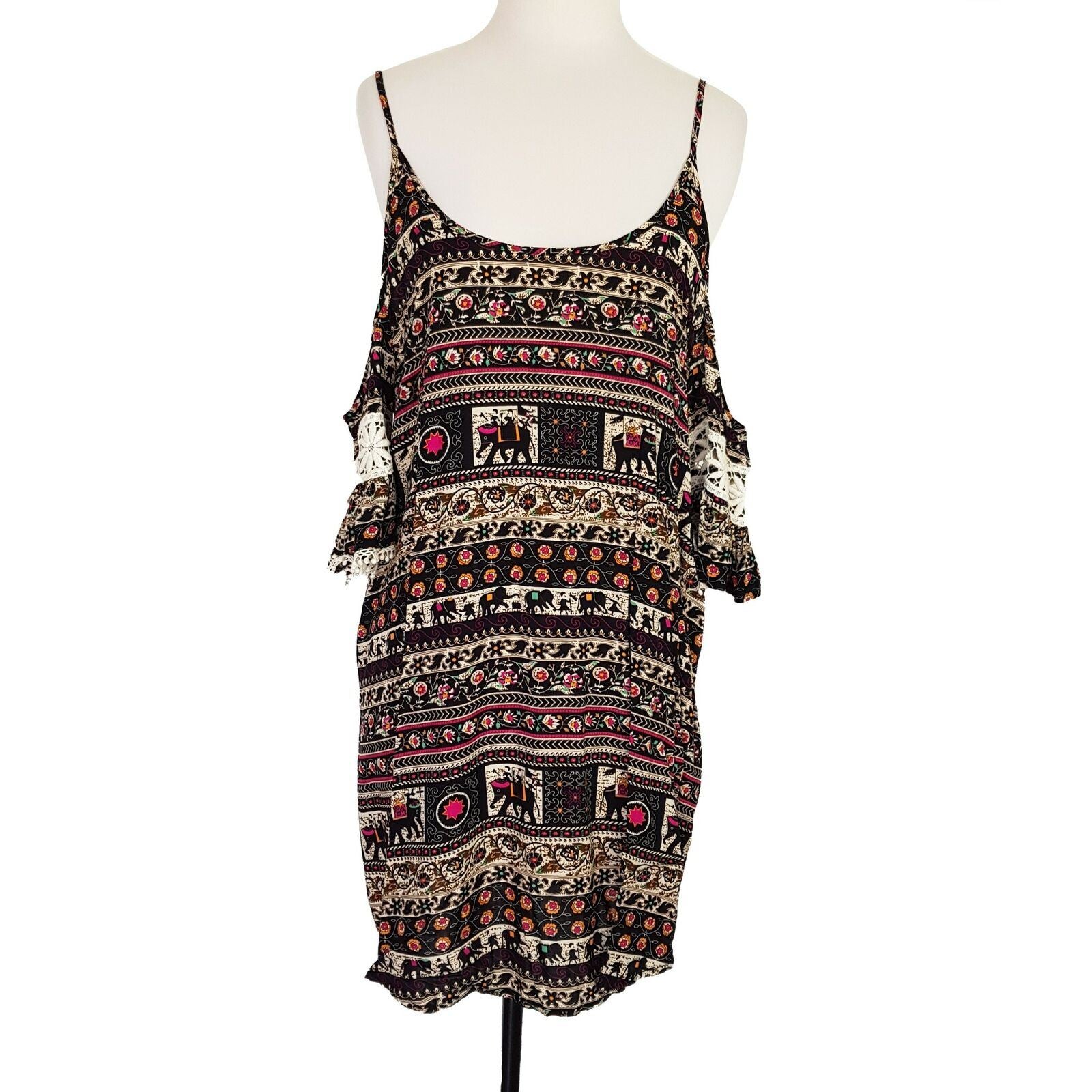 KISS THE SKY Cold Shoulder Dress Size L Safari Print Crochet Flowy Relaxed Fit