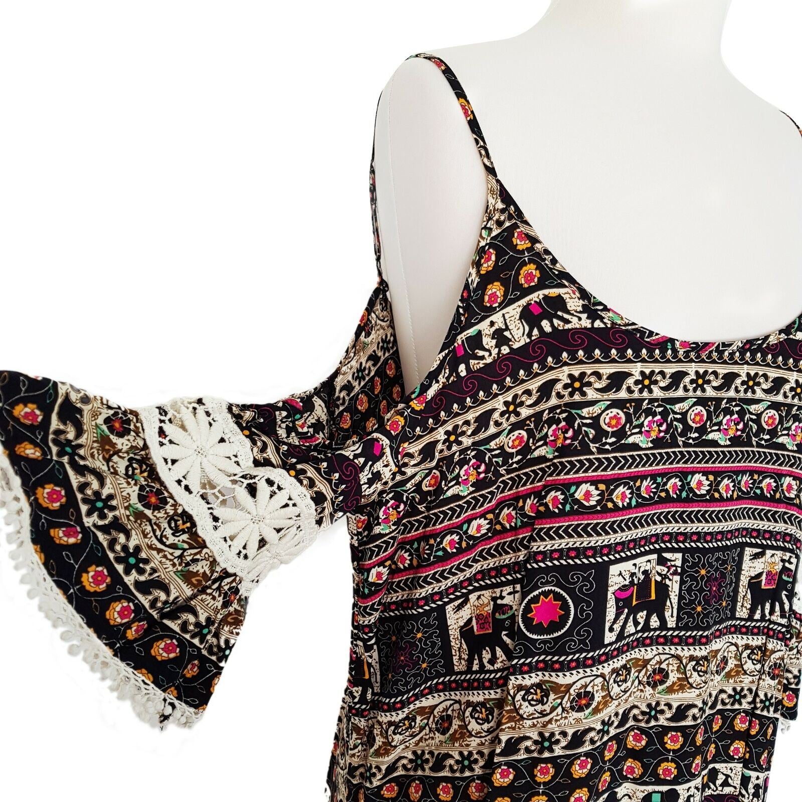 KISS THE SKY Cold Shoulder Dress Size L Safari Print Crochet Flowy Relaxed Fit