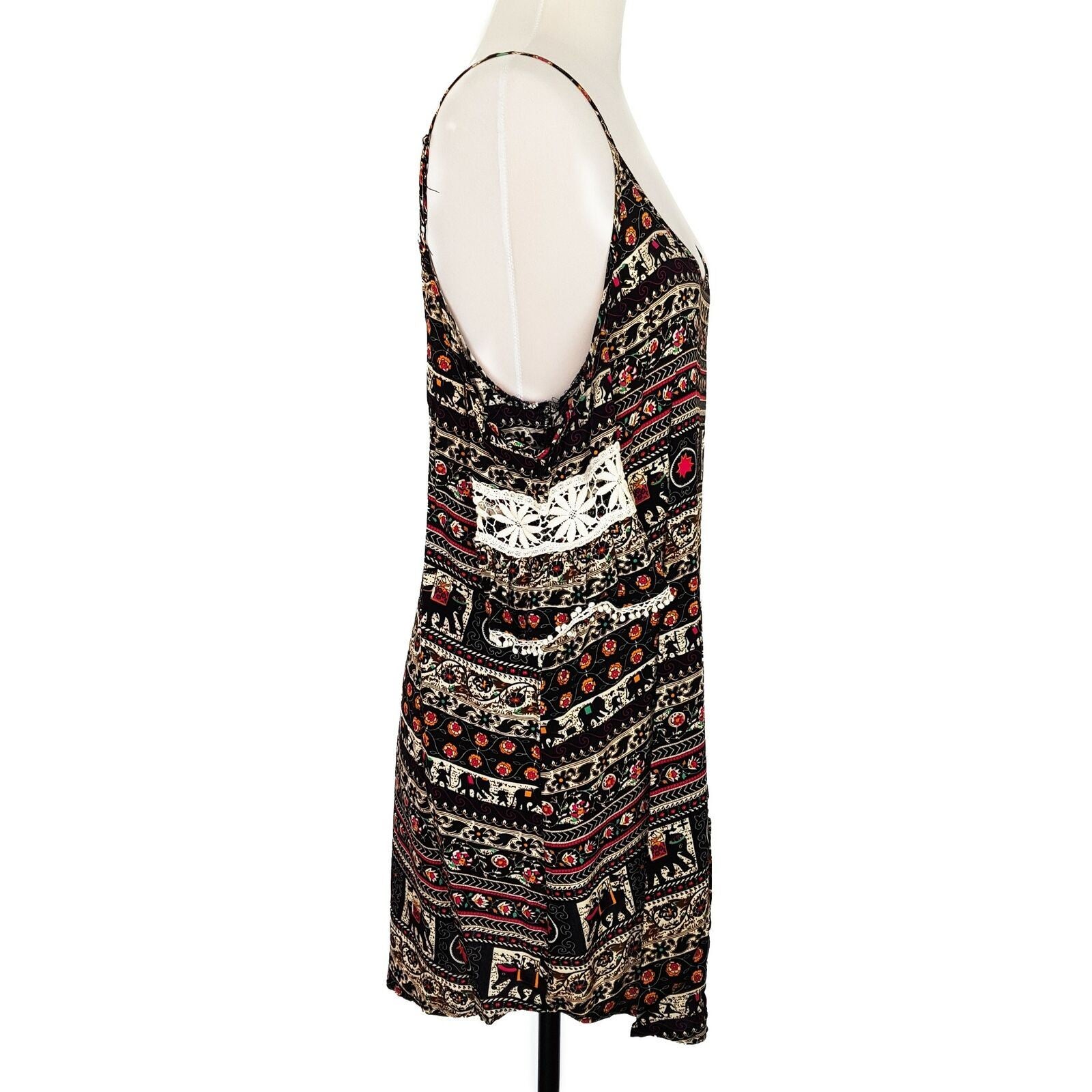 KISS THE SKY Cold Shoulder Dress Size L Safari Print Crochet Flowy Relaxed Fit
