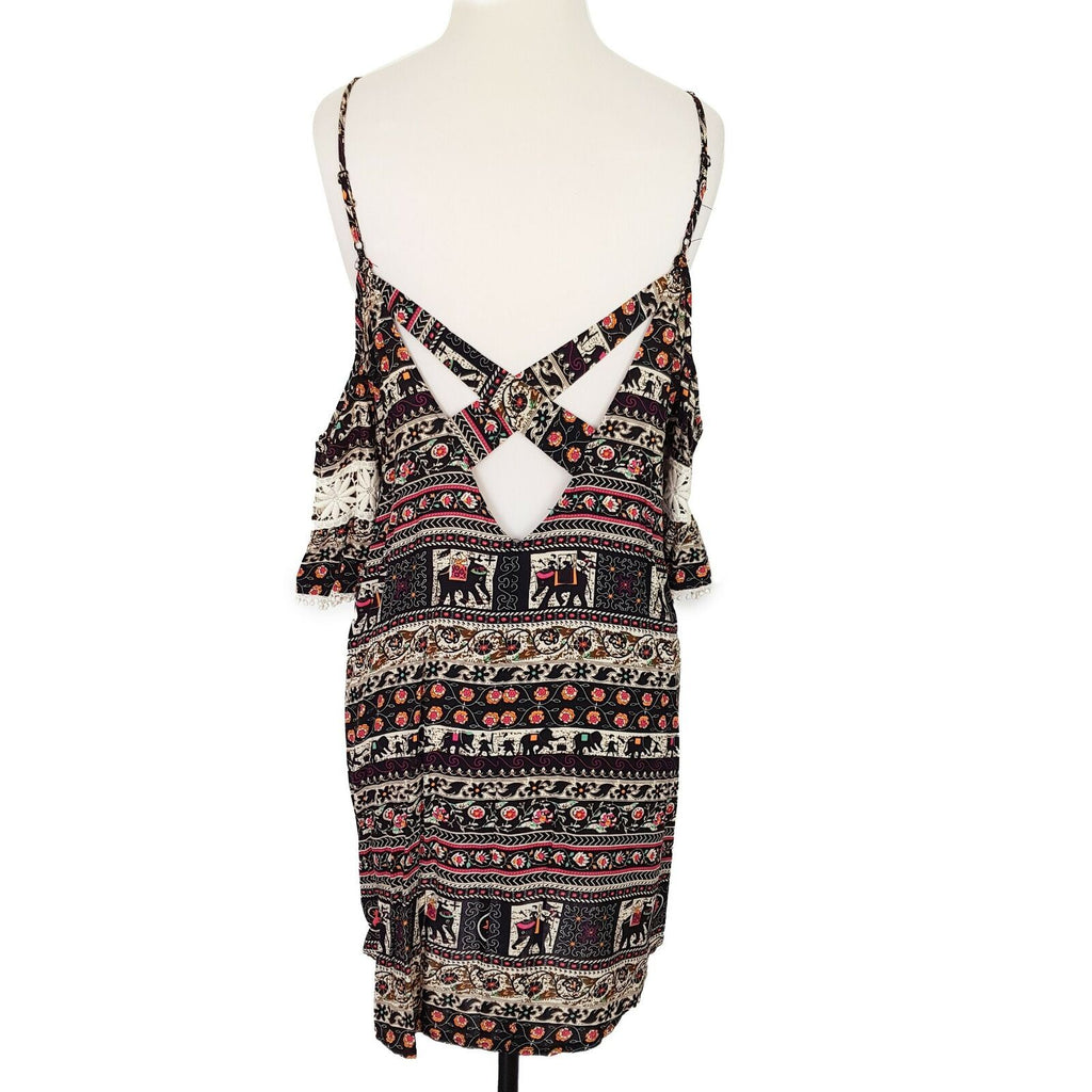 KISS THE SKY Cold Shoulder Dress Size L Safari Print Crochet Flowy Relaxed Fit