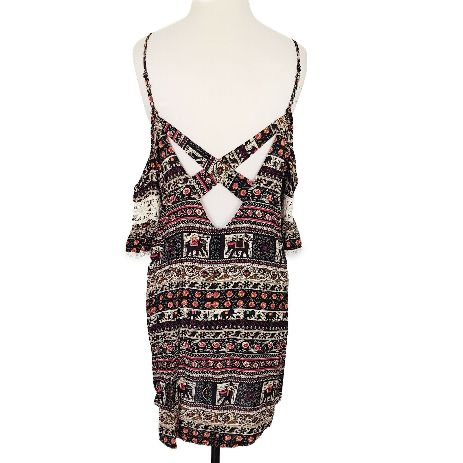 KISS THE SKY Cold Shoulder Dress Size L Safari Print Crochet Flowy Relaxed Fit