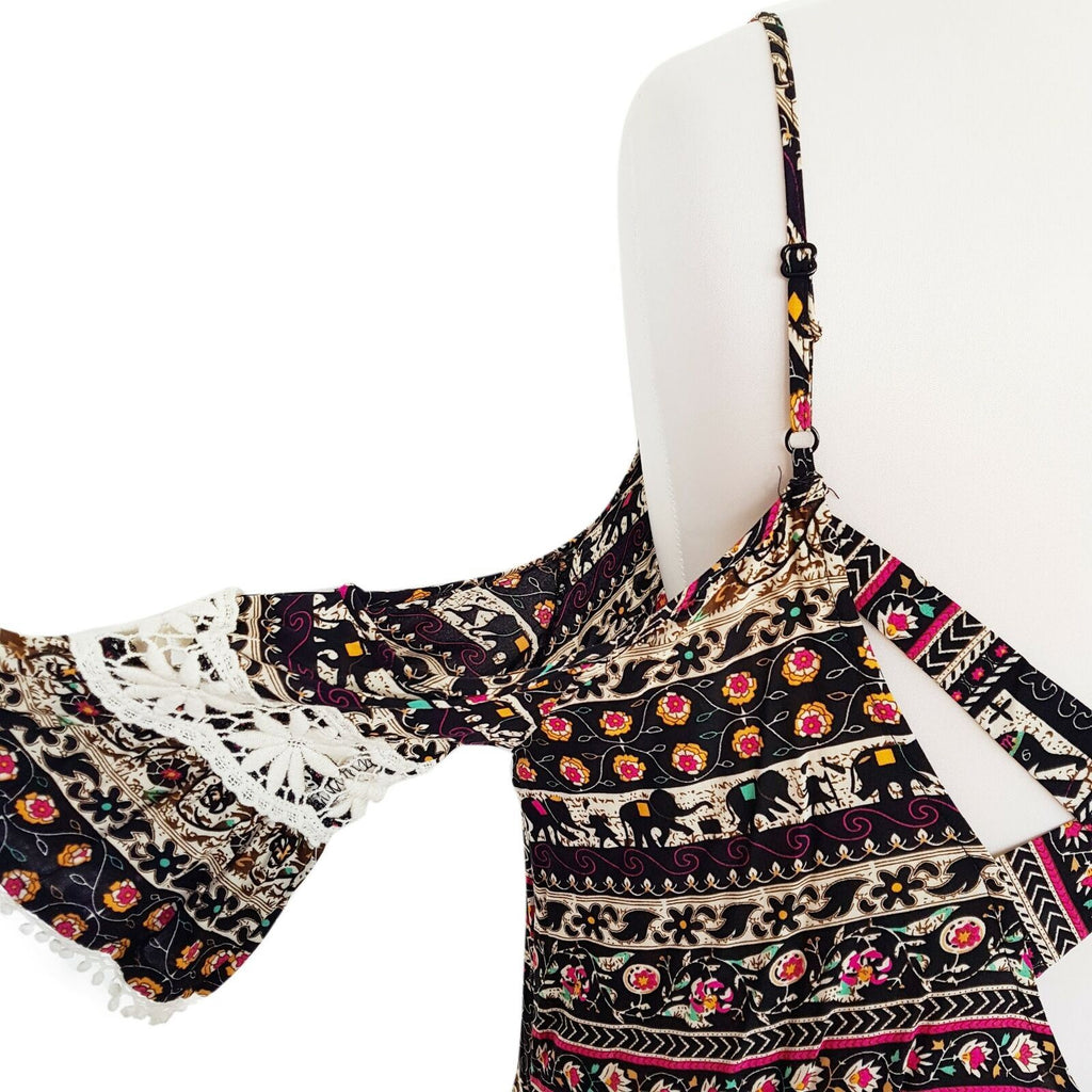 KISS THE SKY Cold Shoulder Dress Size L Safari Print Crochet Flowy Relaxed Fit