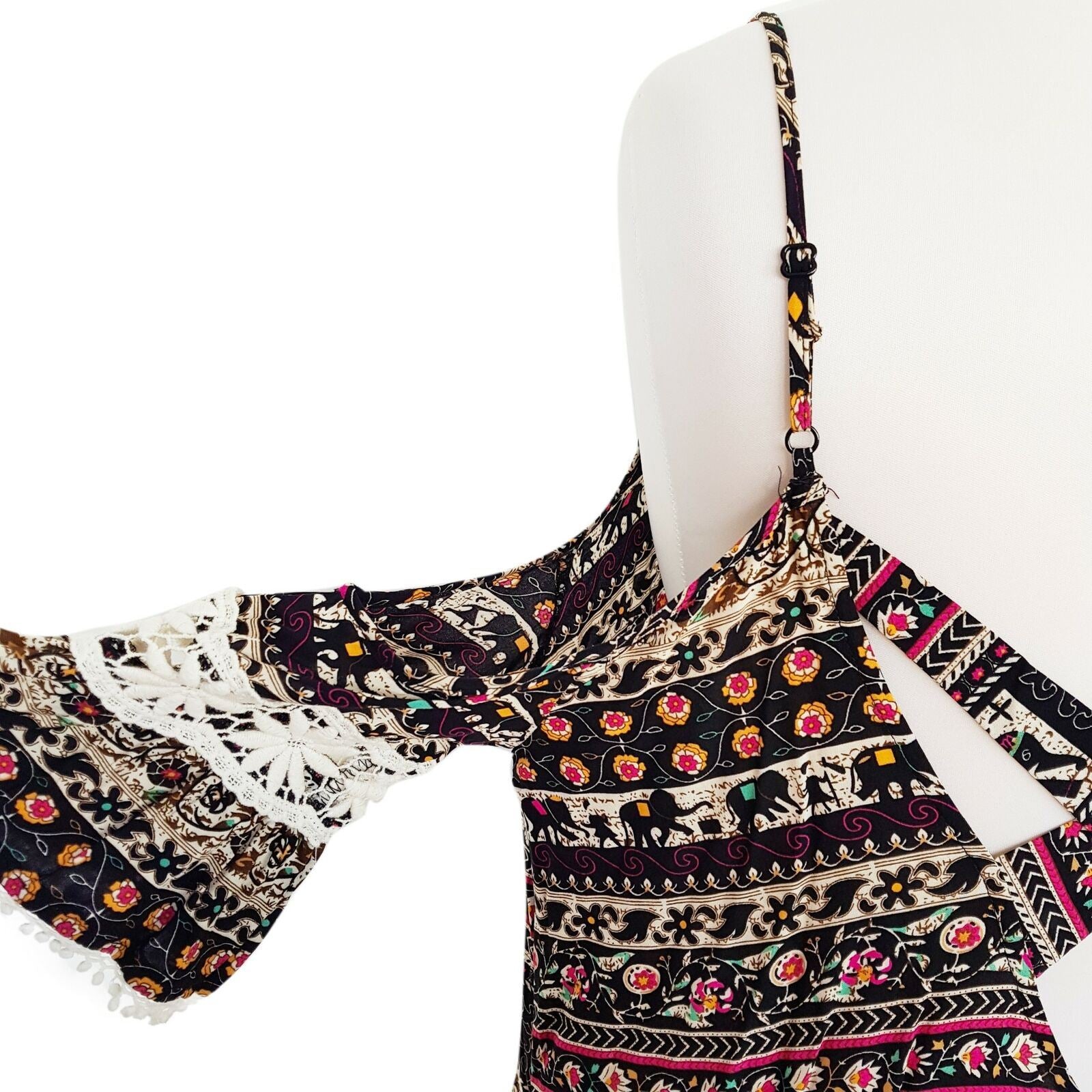 KISS THE SKY Cold Shoulder Dress Size L Safari Print Crochet Flowy Relaxed Fit