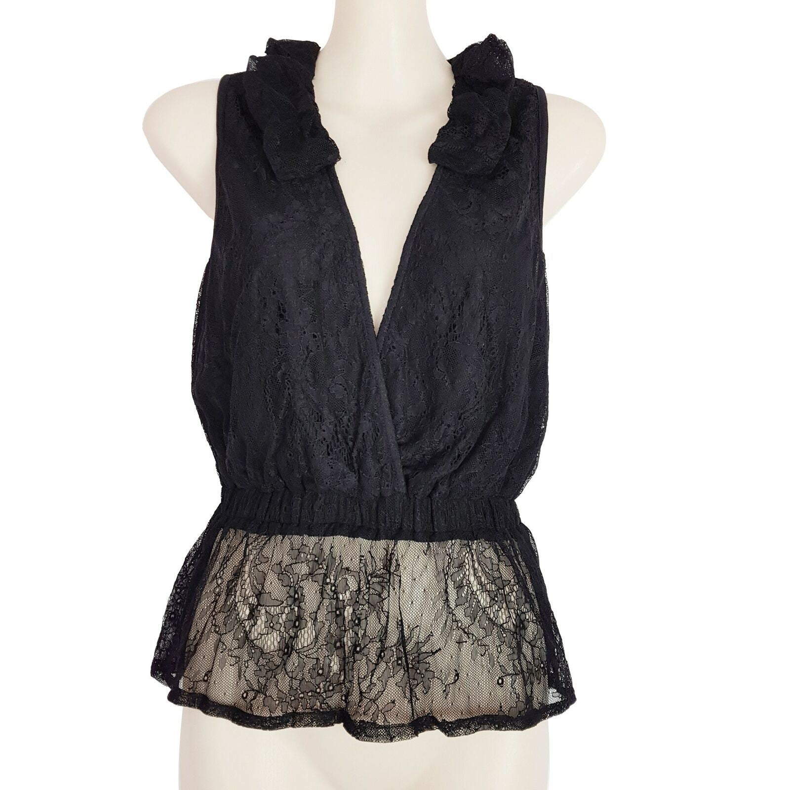 Sheike Peplum Ruffled Deep V-Neck Top Sleeveless Black Lace Smocked Waist Blouse