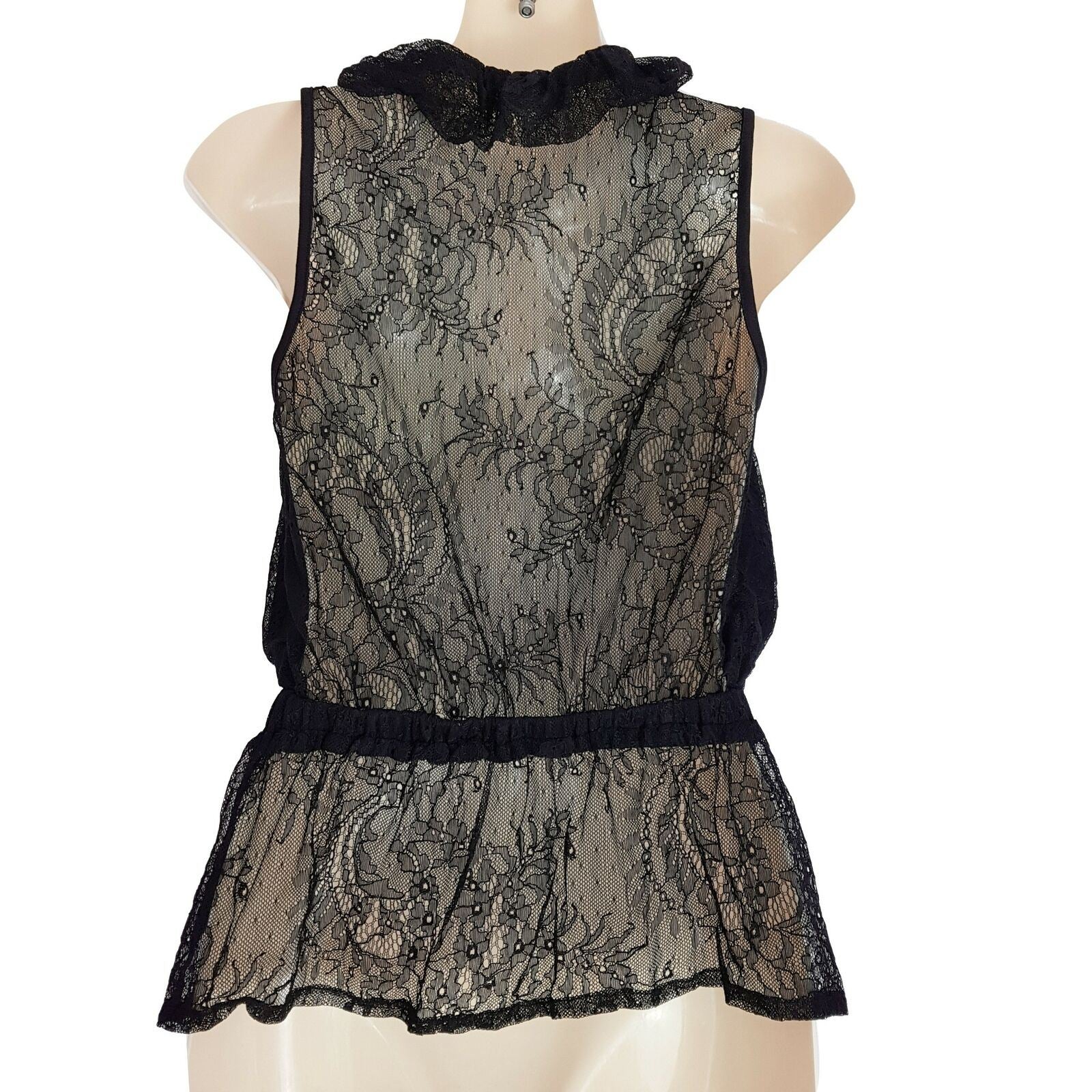 Sheike Peplum Ruffled Deep V-Neck Top Sleeveless Black Lace Smocked Waist Blouse
