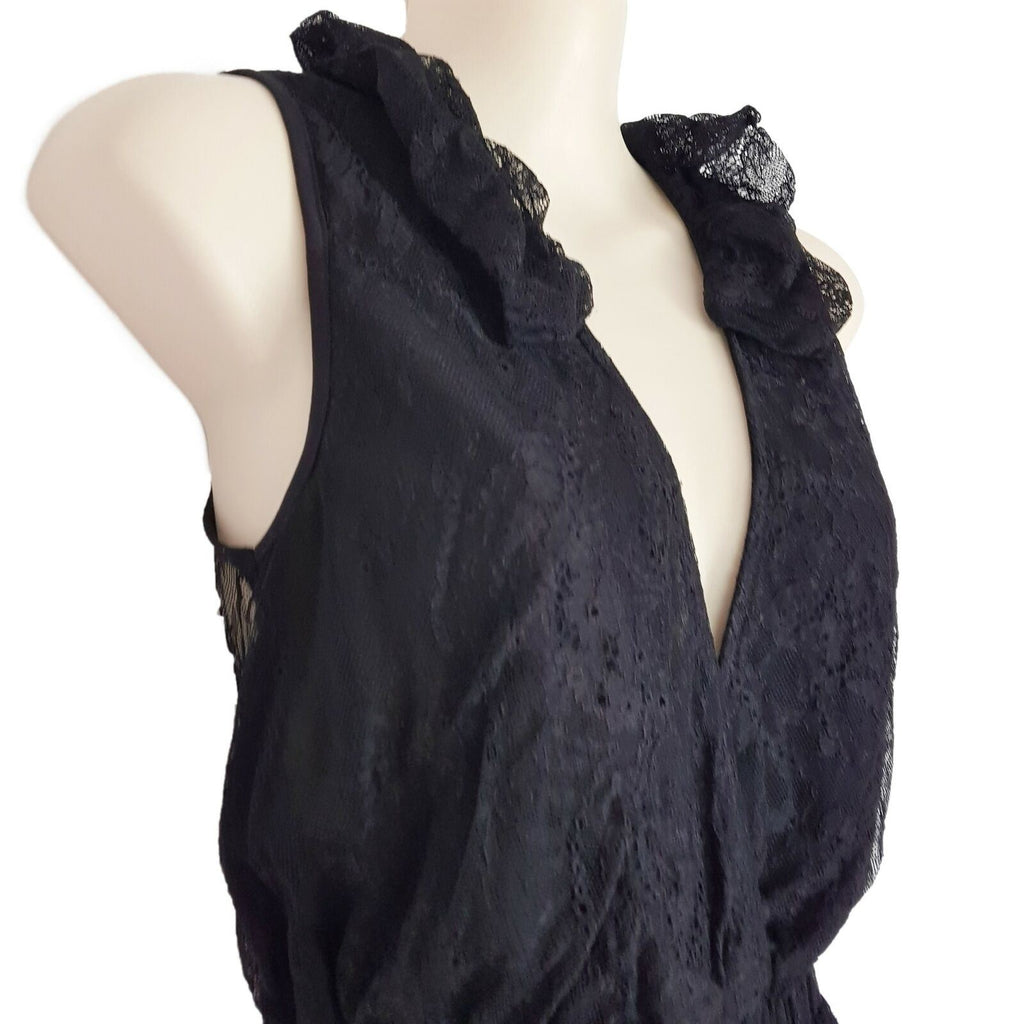 Sheike Peplum Ruffled Deep V-Neck Top Sleeveless Black Lace Smocked Waist Blouse