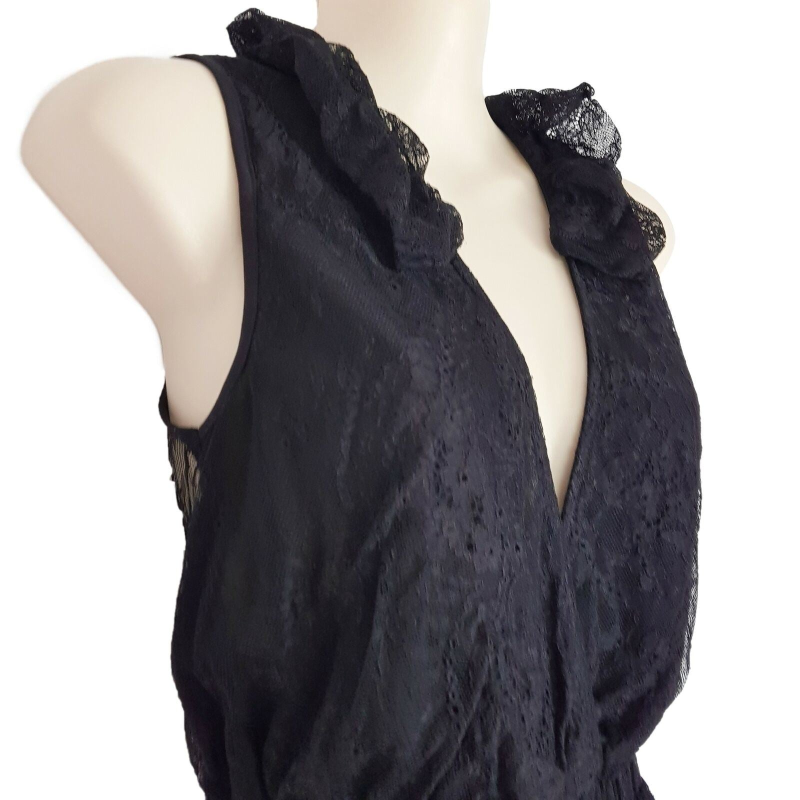 Sheike Peplum Ruffled Deep V-Neck Top Sleeveless Black Lace Smocked Waist Blouse