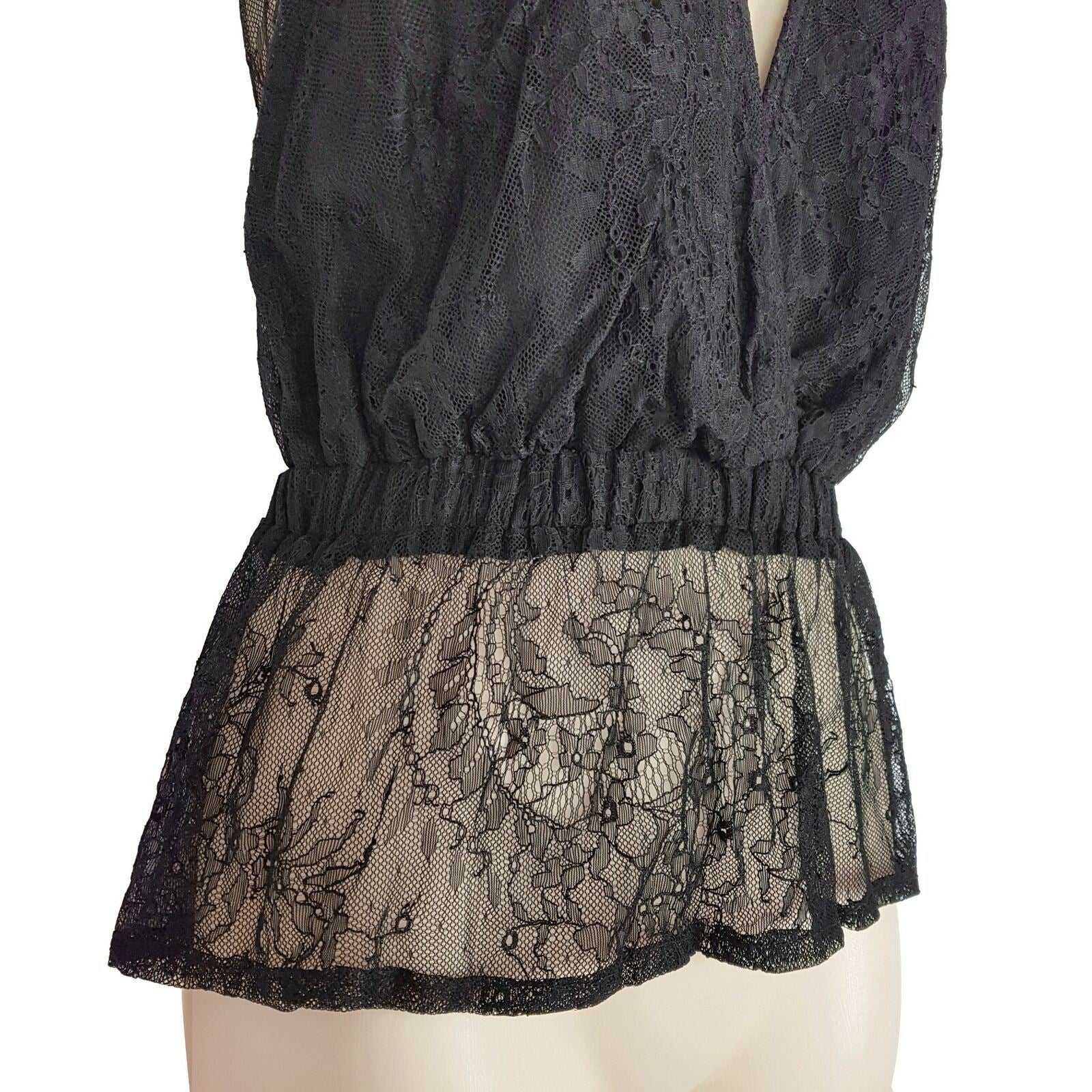 Sheike Peplum Ruffled Deep V-Neck Top Sleeveless Black Lace Smocked Waist Blouse